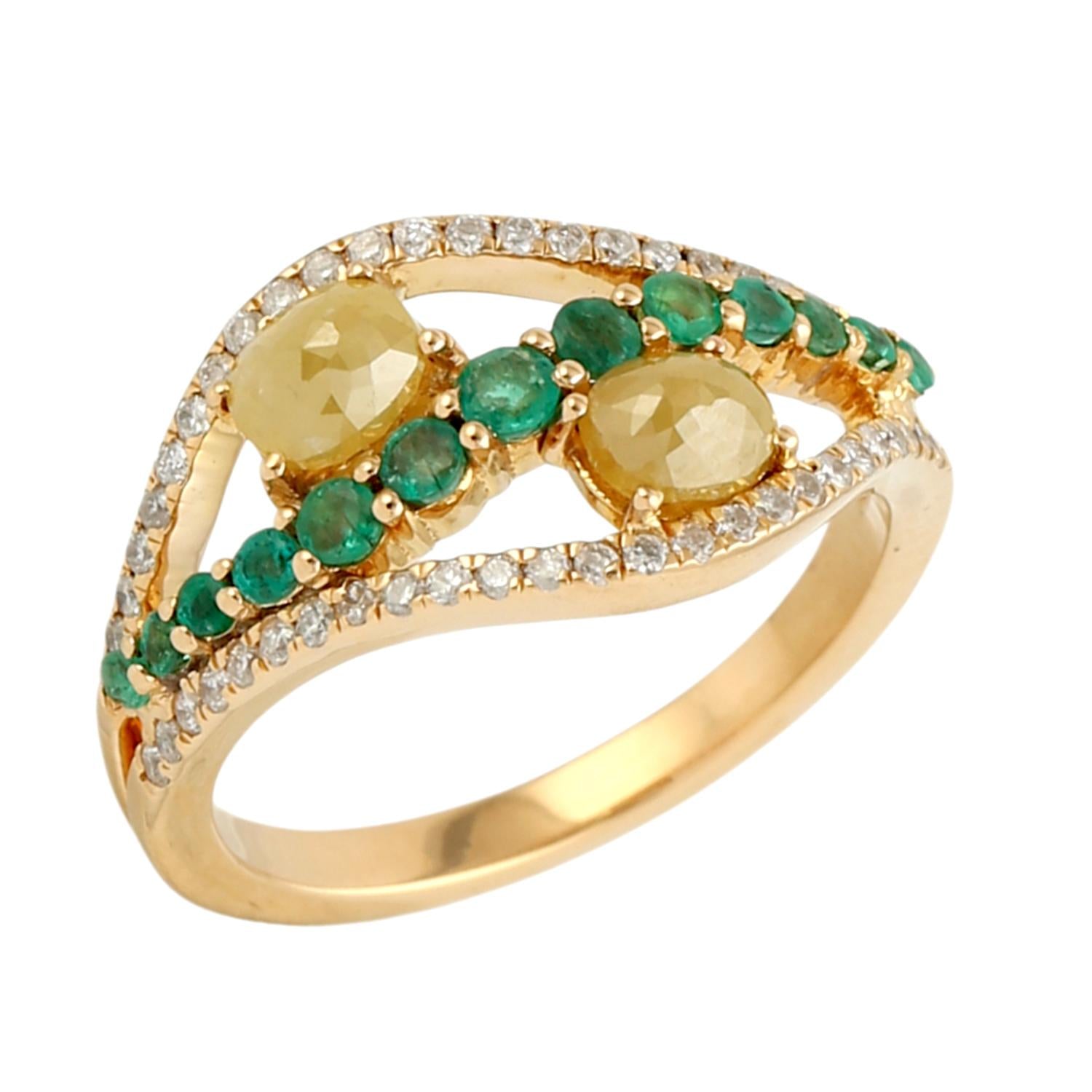 Natural Emerald & Ice Diamond Pave Diamond Band Ring In Gold