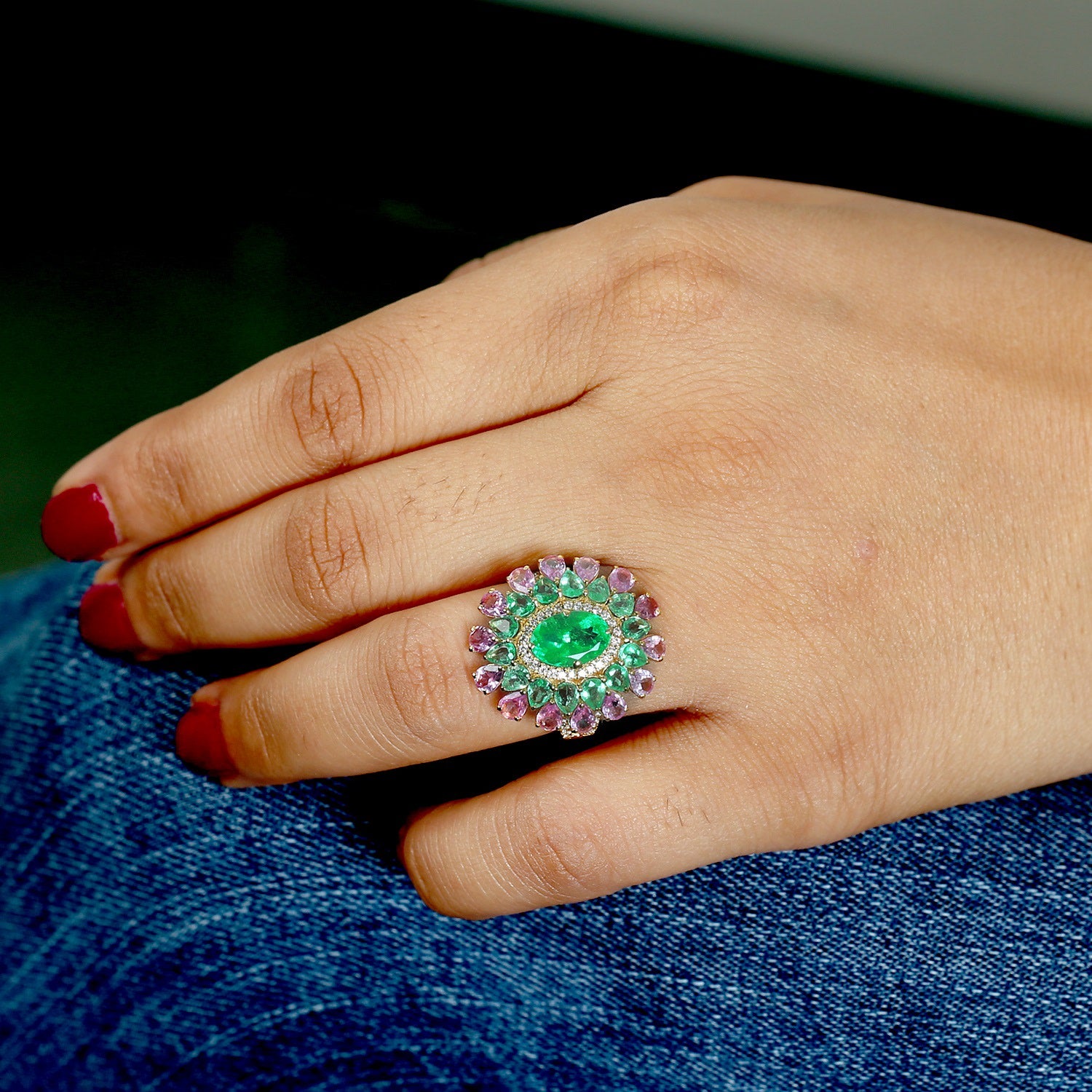 Emerald & Pink Sapphire Gemstone Pave Diamond In Gold Cocktail Ring
