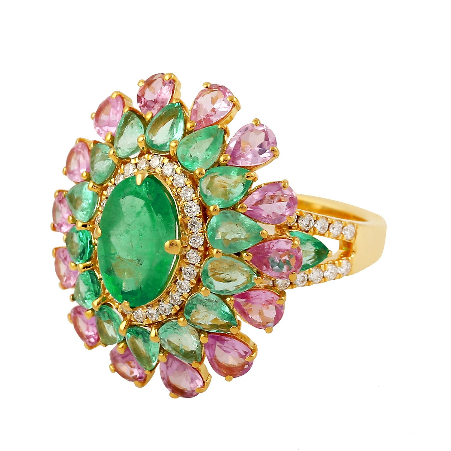Emerald & Pink Sapphire Gemstone Pave Diamond In Gold Cocktail Ring