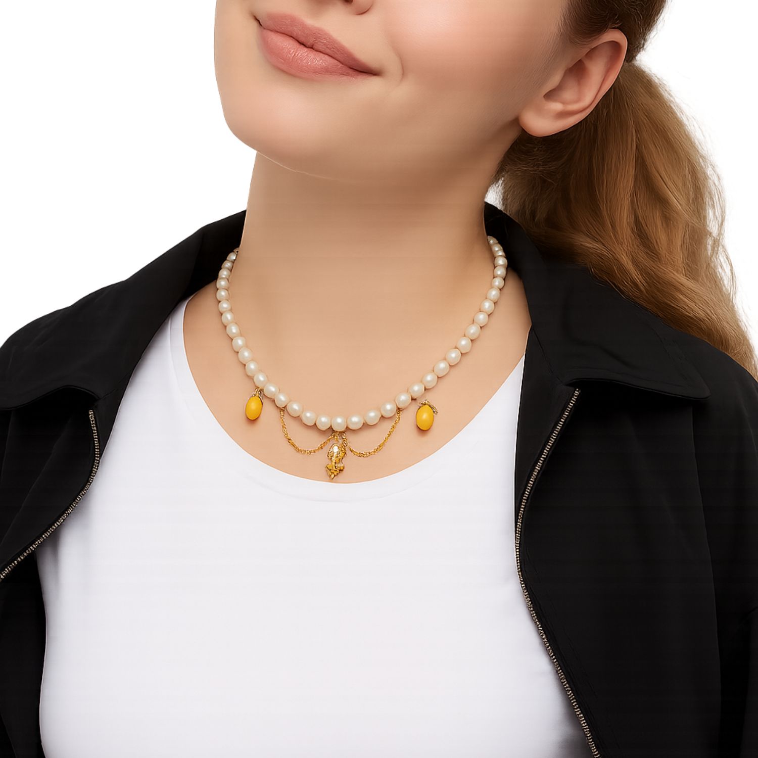 Natural Pearl Necklce With Lemon Charms - Long Freshwater Pearls Beaded Necklace - Forever Jewellery