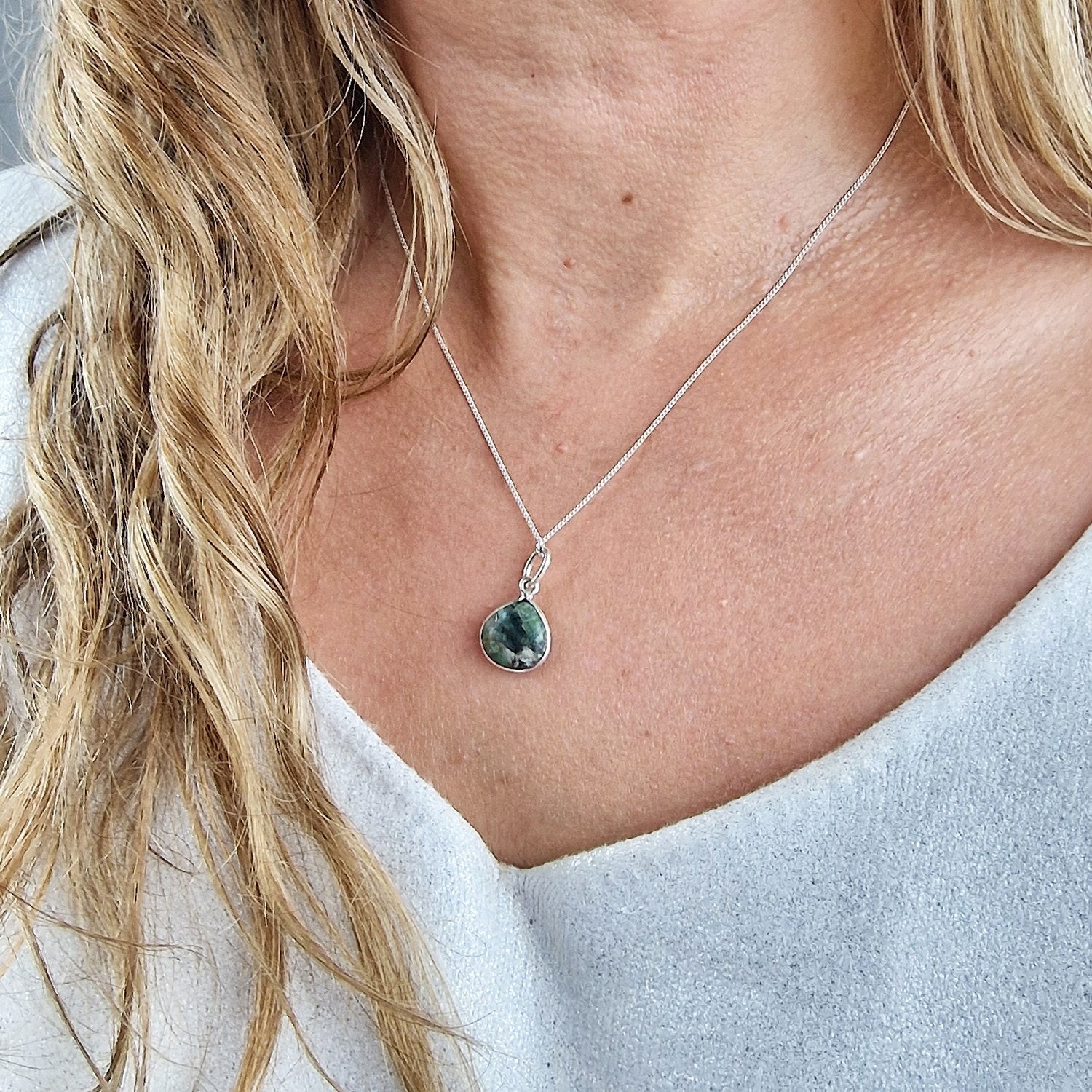 Natural Green Emerald May Birthstone Sterling Silver Charm Necklace