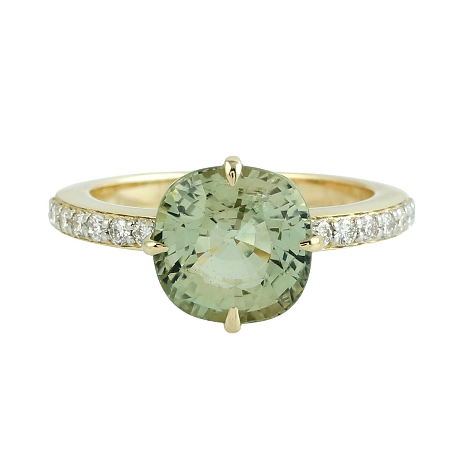 Natural Green Tourmaline & Diamond Band Ring In Yellow Gold