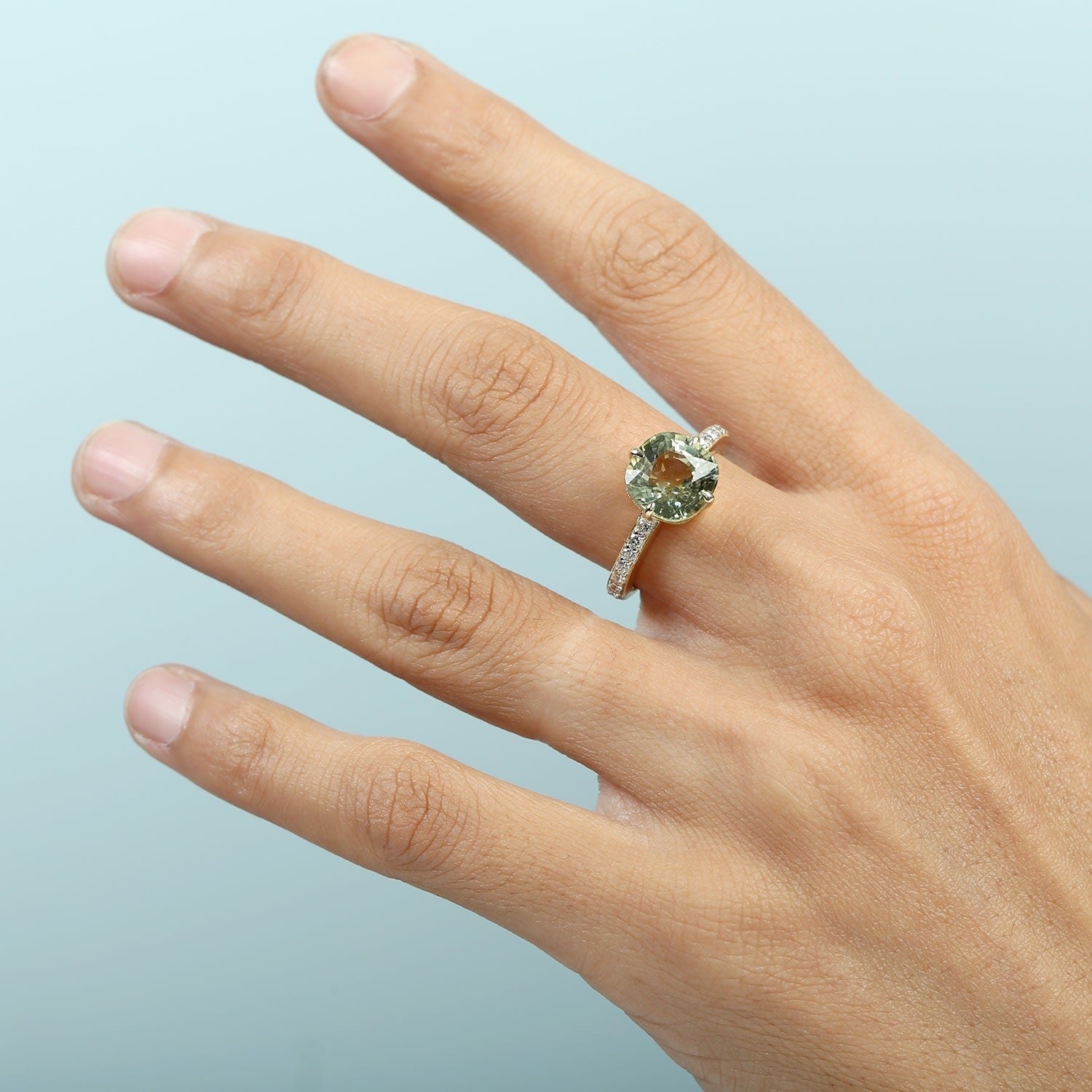 Natural Green Tourmaline & Diamond Band Ring In Yellow Gold