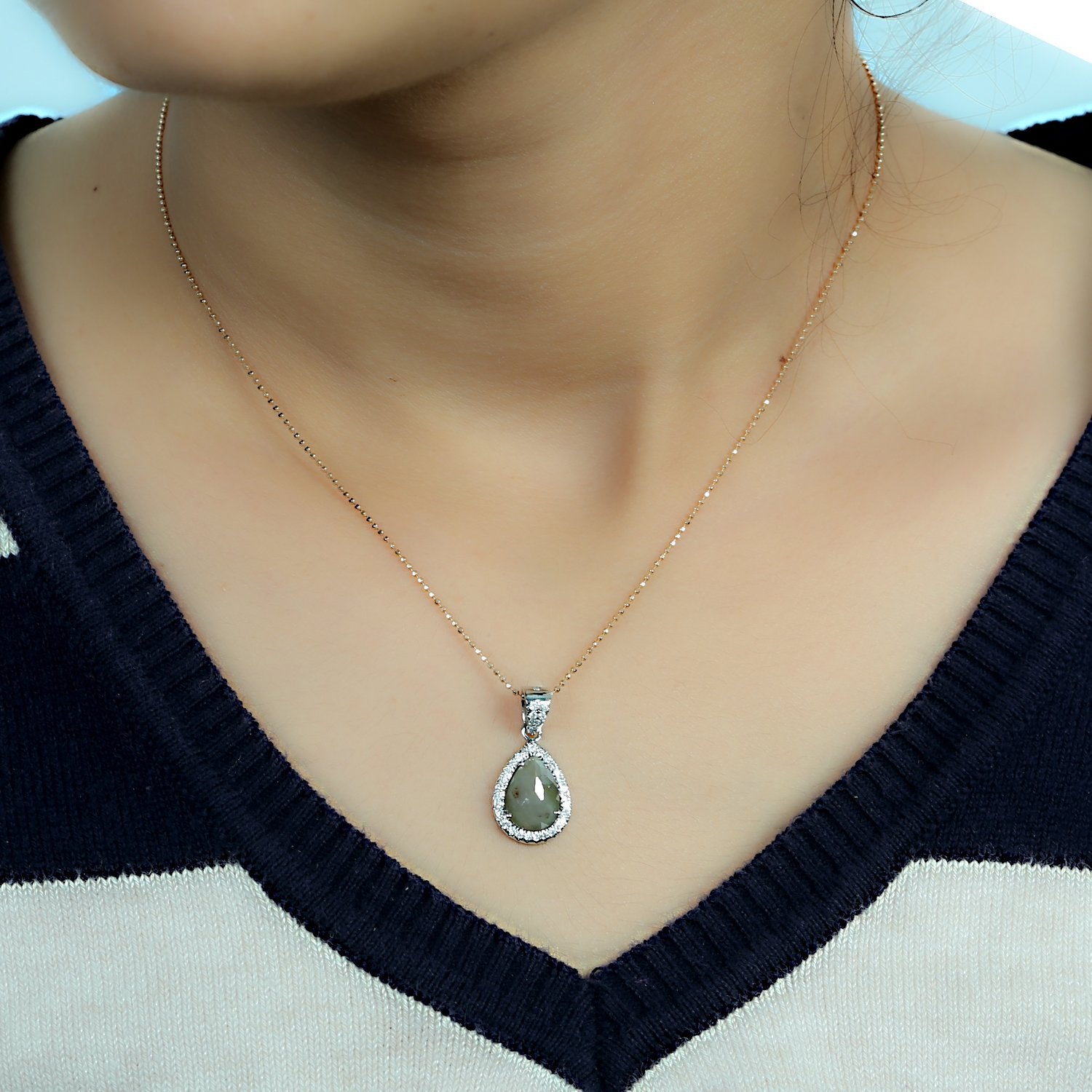 18K White Gold Teardrop Rose-Cut Diamond & Halo Pendant