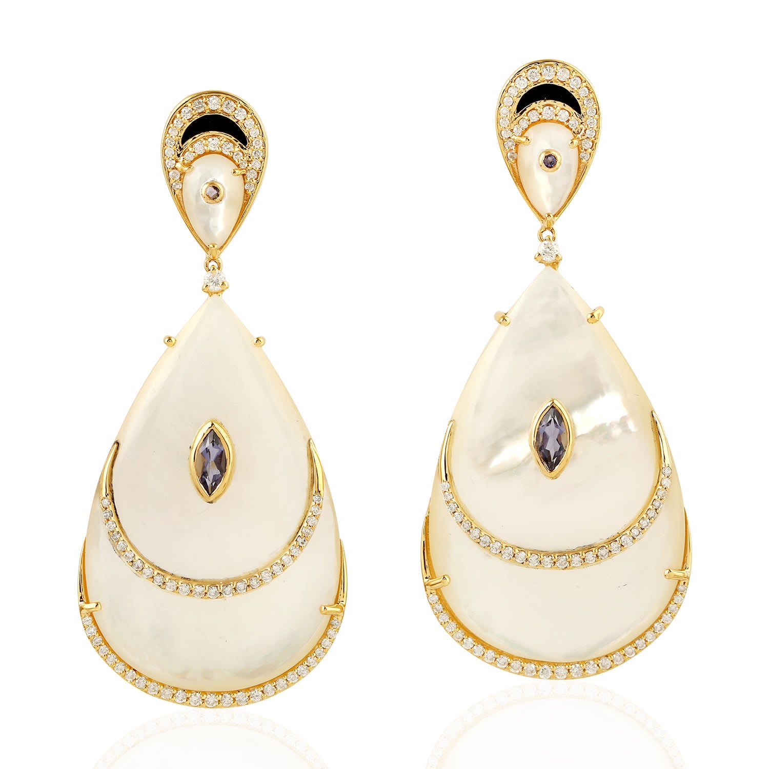 Mop & Iolite Gemstone Pave Diamond Dangle Earrings In Gold