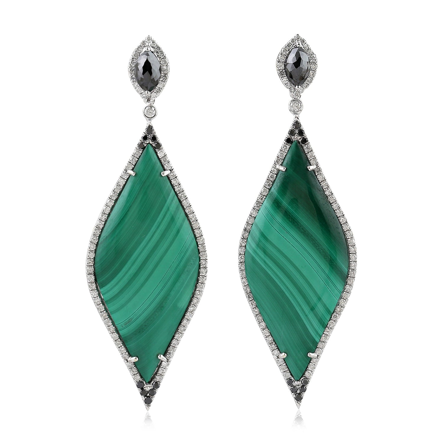 Natural Malachite & Diamond Marquise Dangle Earrings In White Gold