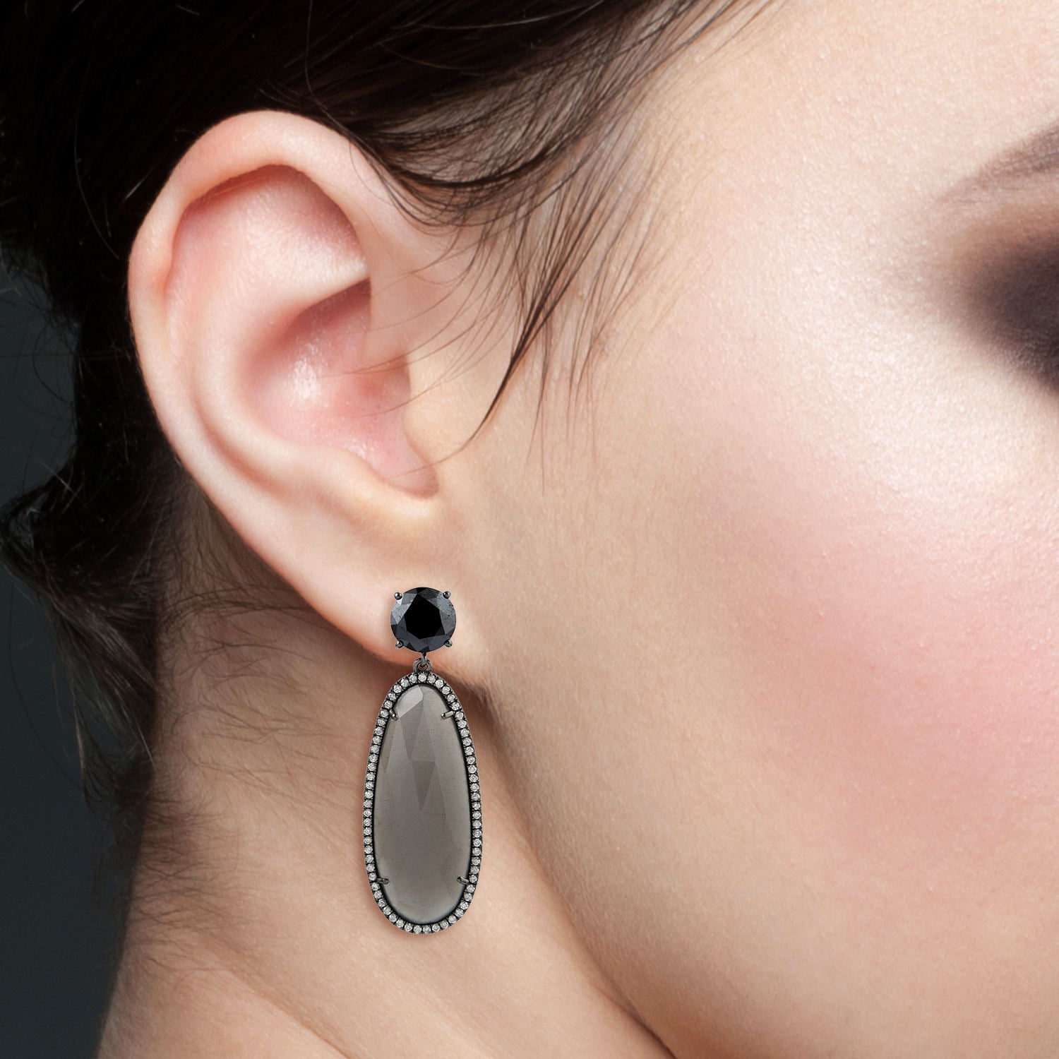 Natural Moonstone Pave Diamond Dangle Earrings In White Gold