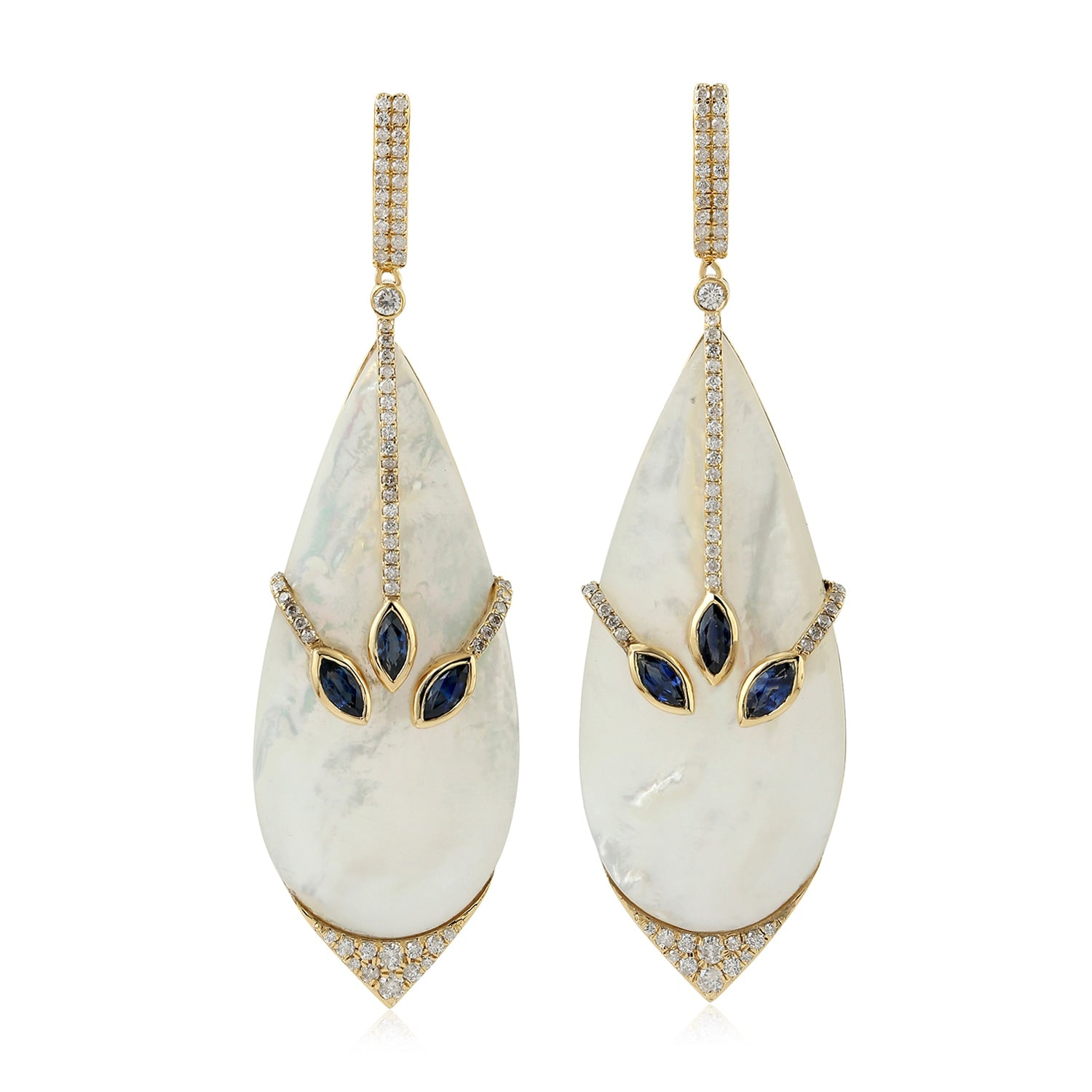 Mother Of Pearl & Blue Sapphire Pave Diamond Dangle Earrings In Yellow Gold