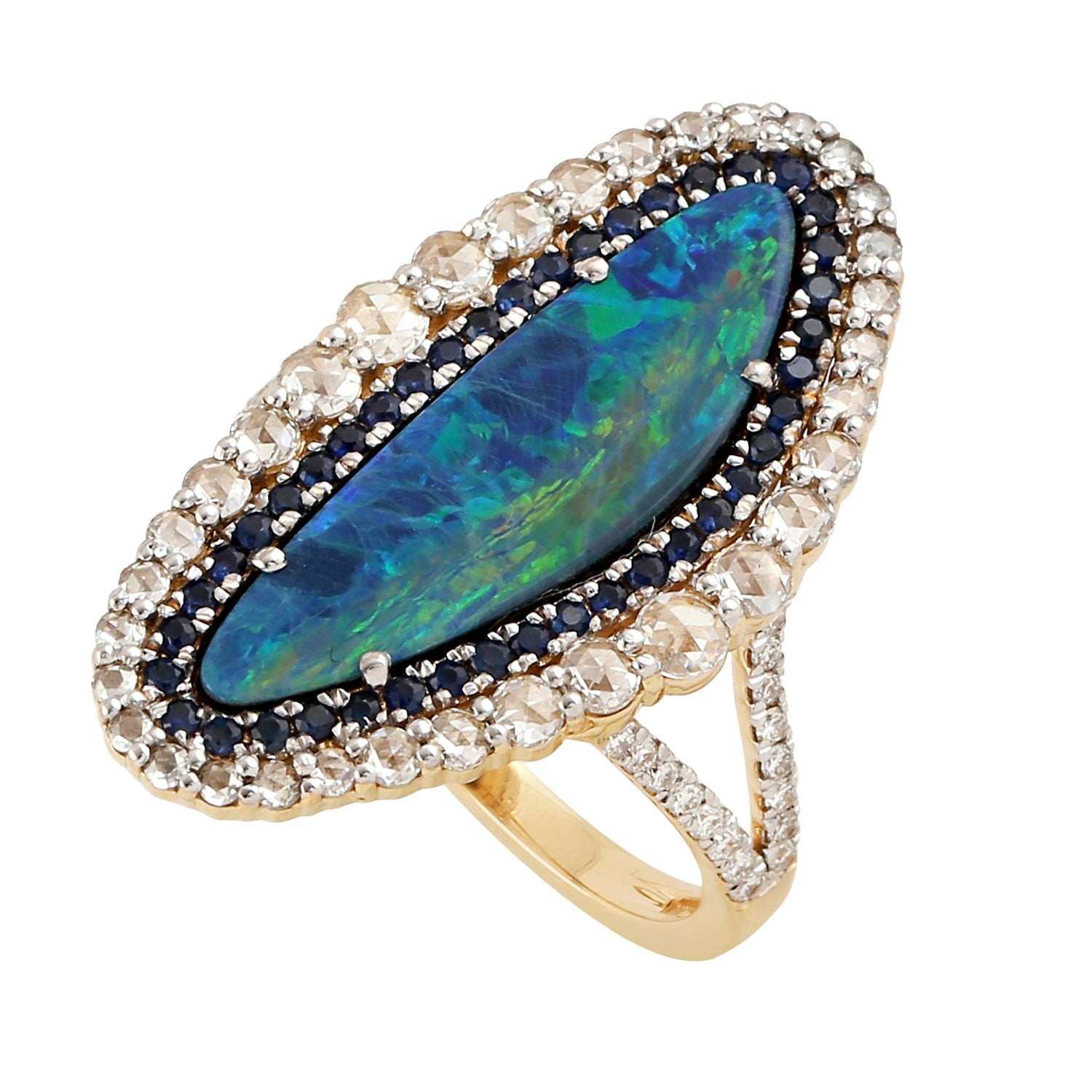 Opal Doublet & Sapphire Uncut Diamond Cocktail Ring In Gold