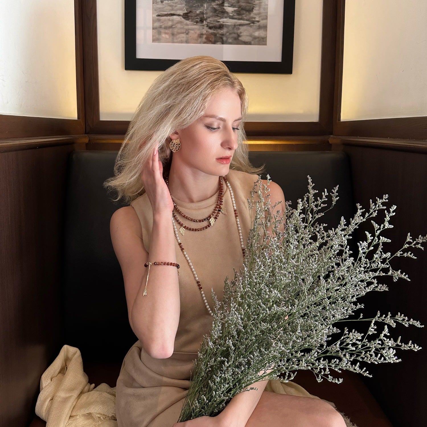 Natural Orange Garnet Gemstone With Leaf Charm Adjustable Bracelet