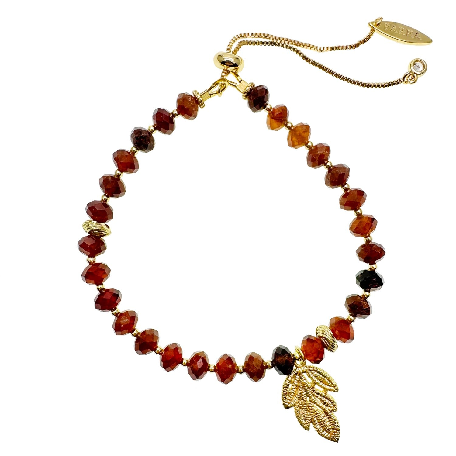 Natural Orange Garnet Gemstone With Leaf Charm Adjustable Bracelet