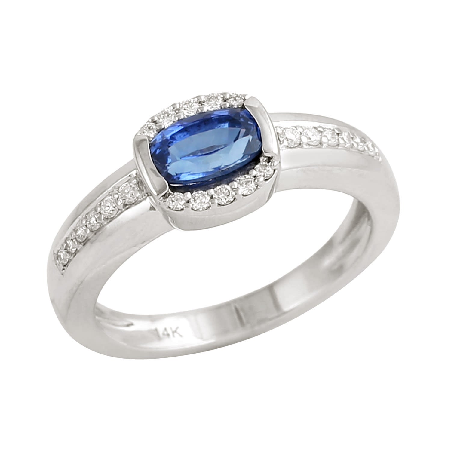 Natural Oval Cut Blue Sapphire Pave Diamond Band Ring In White Gold