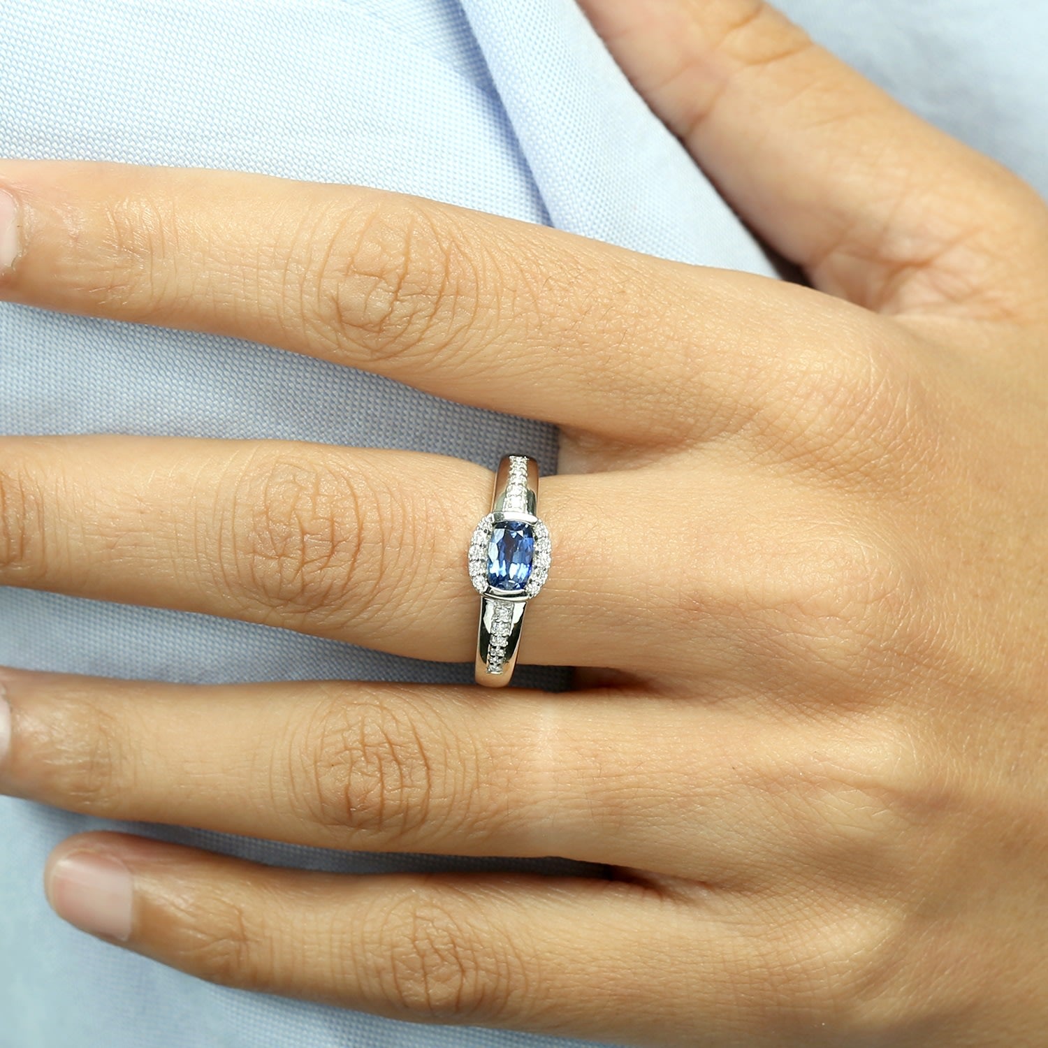 Natural Oval Cut Blue Sapphire Pave Diamond Band Ring In White Gold
