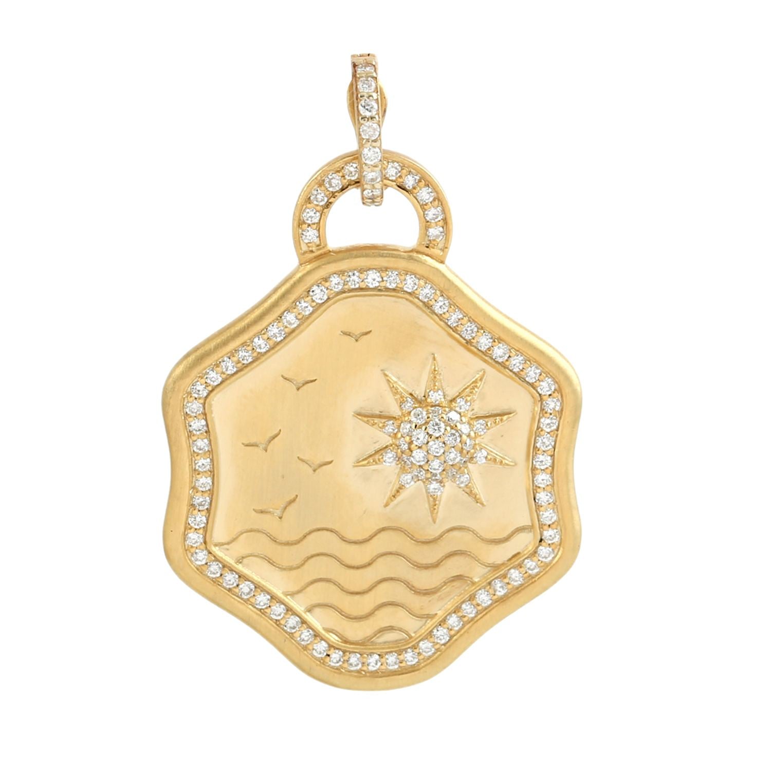 Solid 14K Gold Medallion With Diamond Sunburst Design