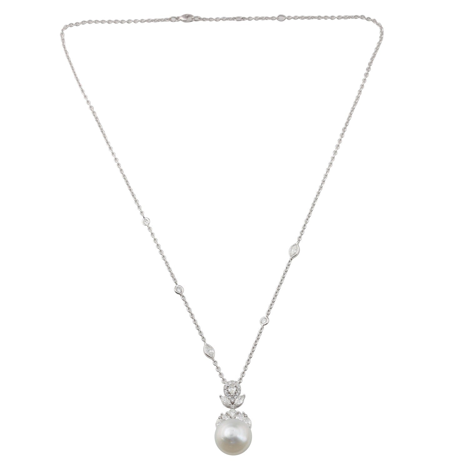 Natural Pearl & Diamond Choker Necklace In 18K White Gold