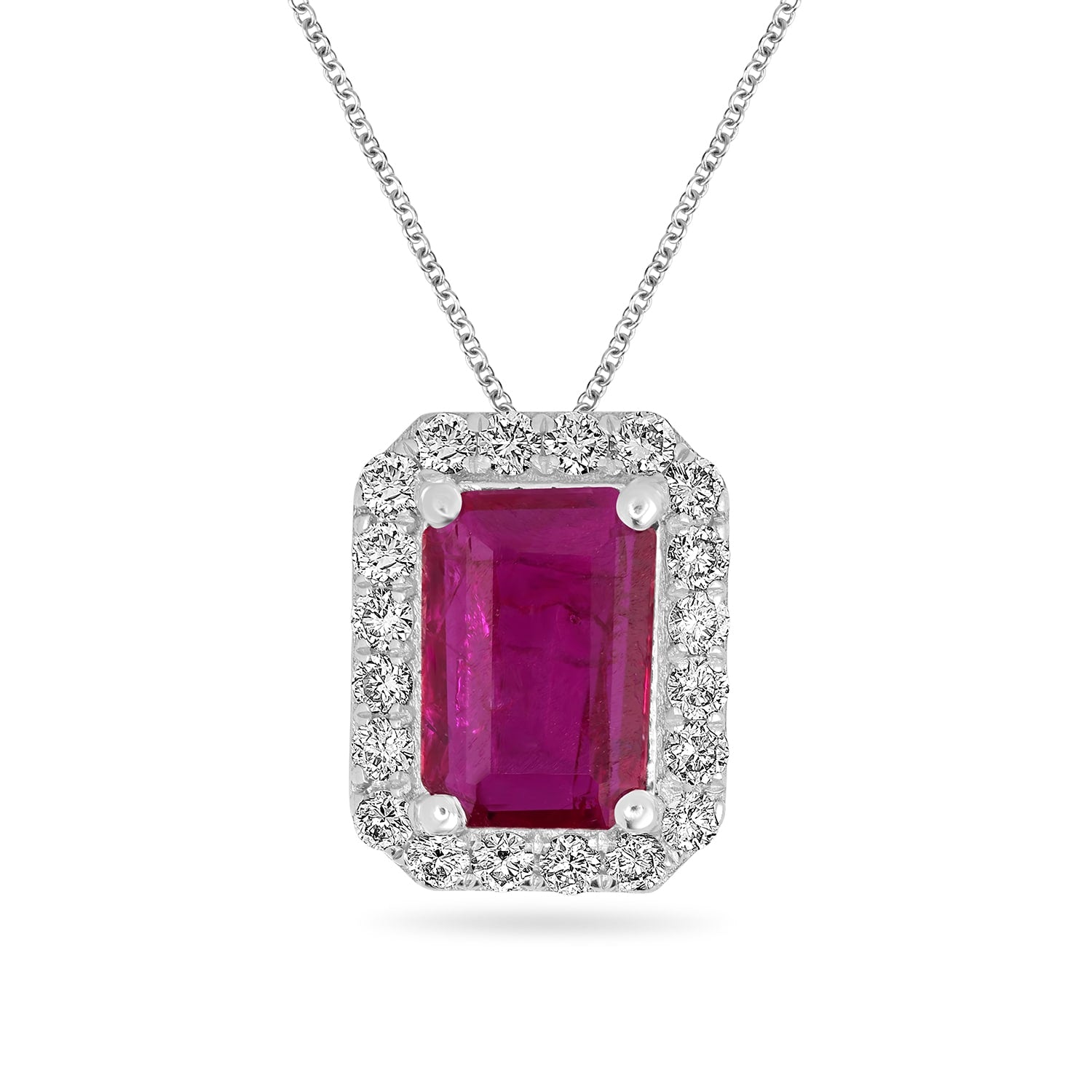 Natural Pink Ruby & Diamond Emerald Design Pendant In White Gold