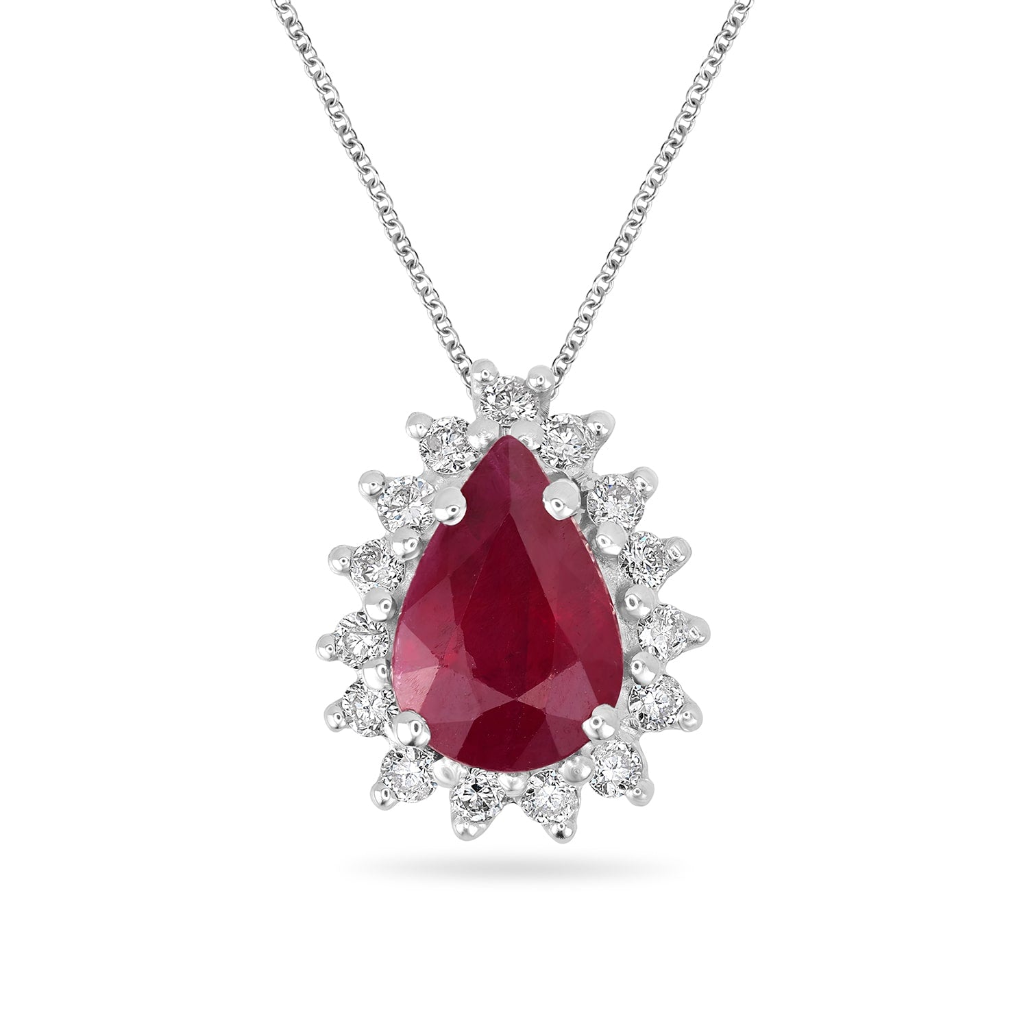 Natural Pink Ruby & Diamond Pear Pendant In White Gold
