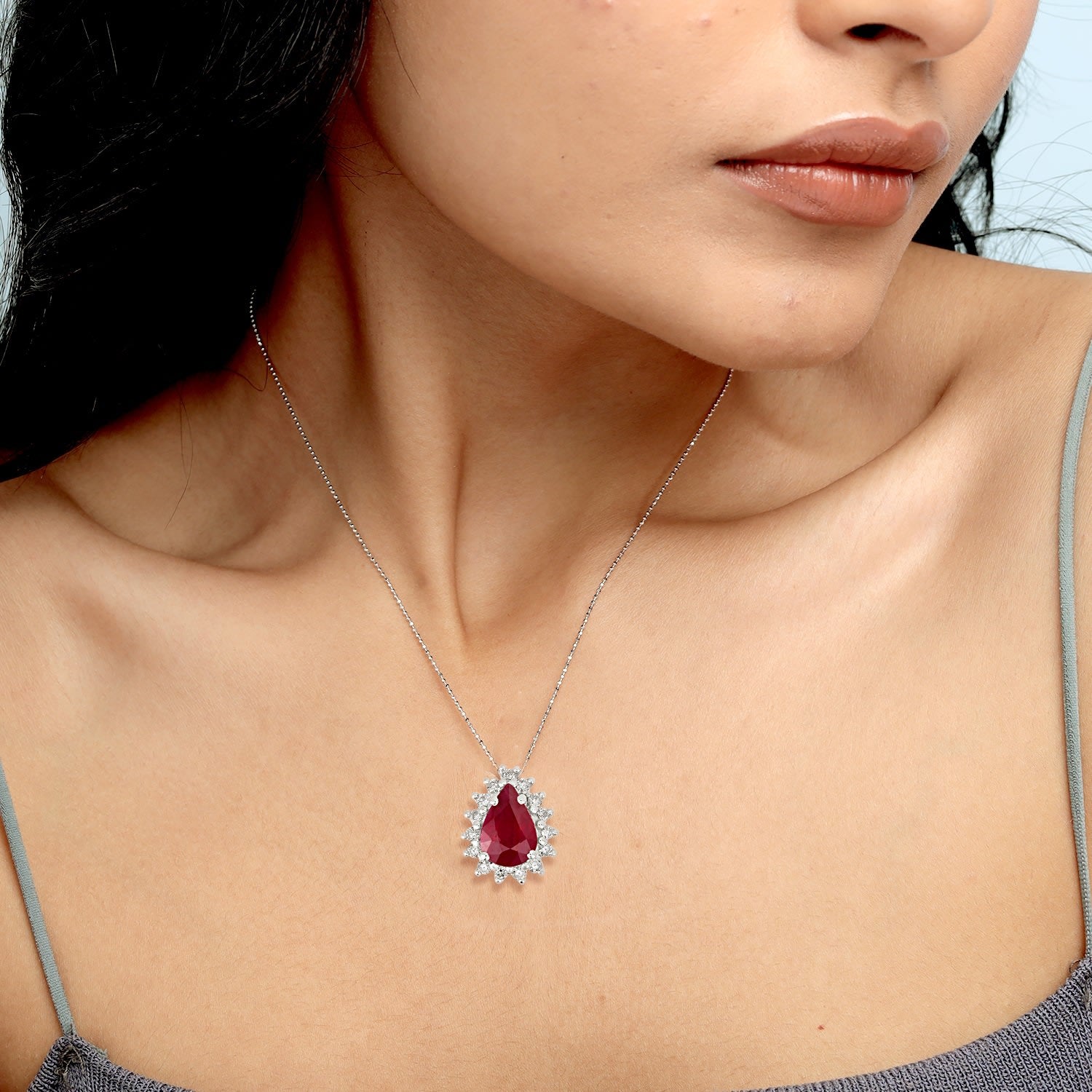 Natural Pink Ruby & Diamond Pear Pendant In White Gold