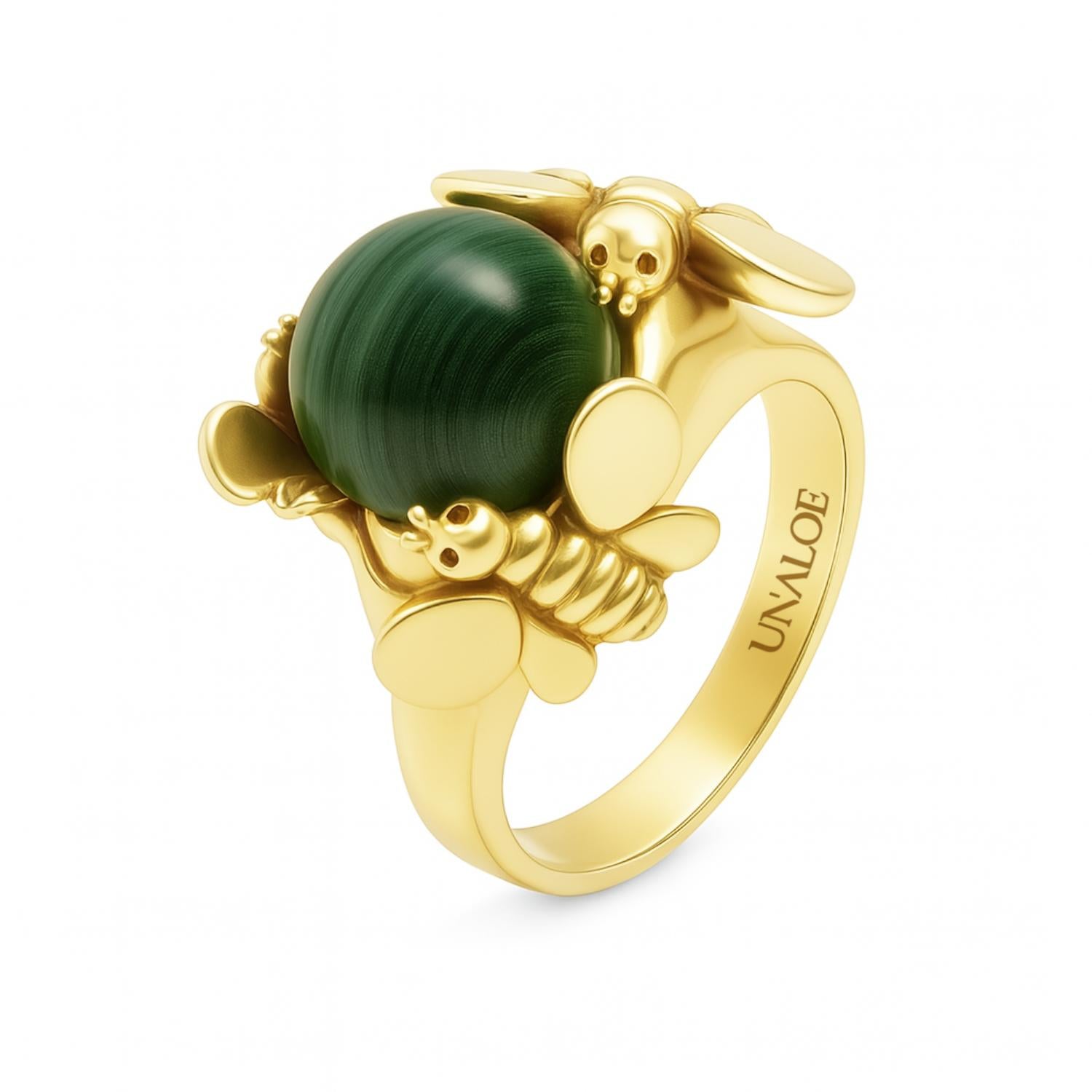 Natural Queen Silver Ring, Gold-Plated With Green Malachite