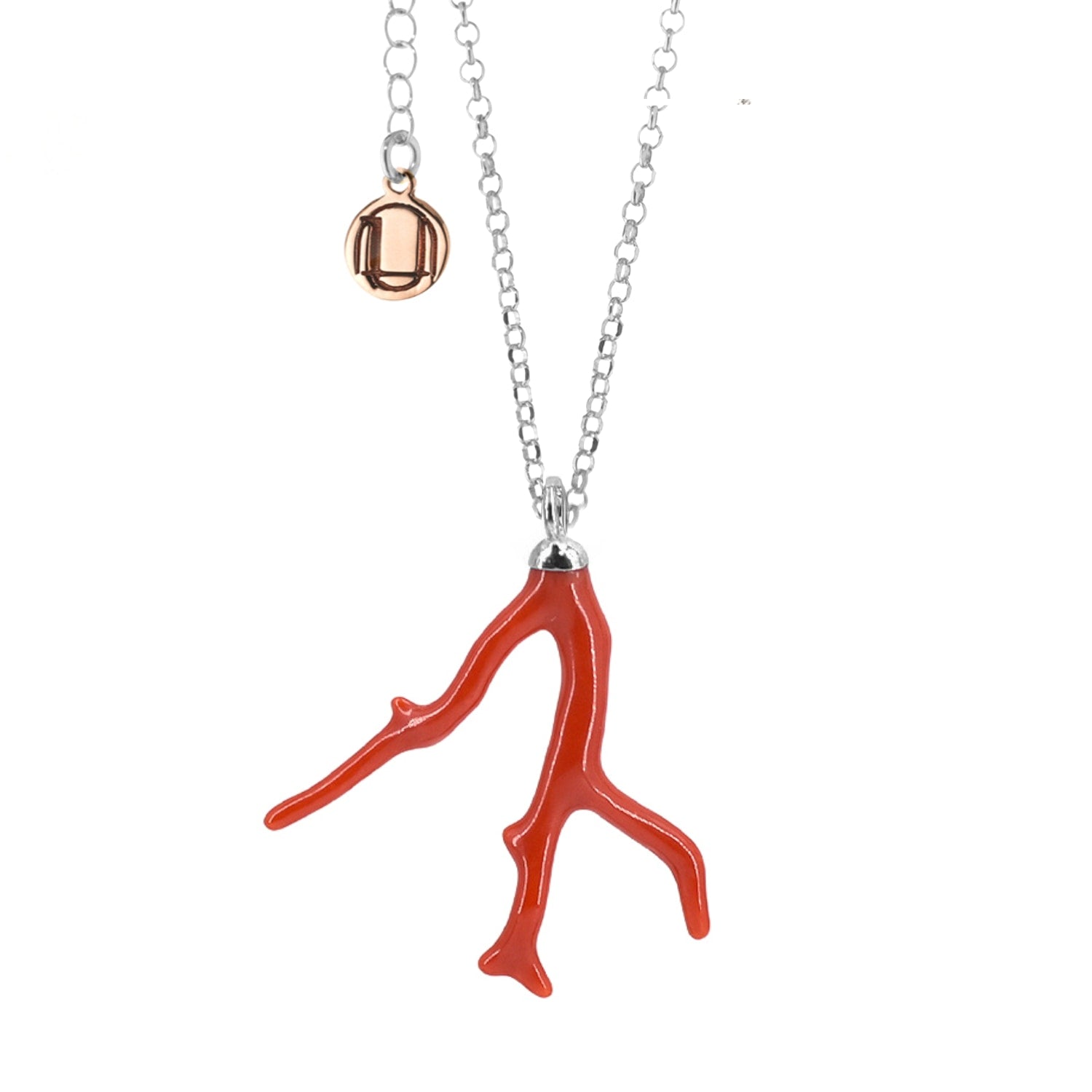 Natural Red Coral Branch Necklace In Sterling Silver Italian Handmade Good Luck Charm