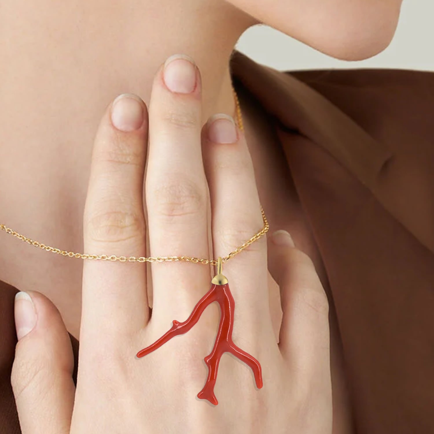 Natural Red Coral Branch Necklace In Sterling Silver Italian Handmade Good Luck Charm