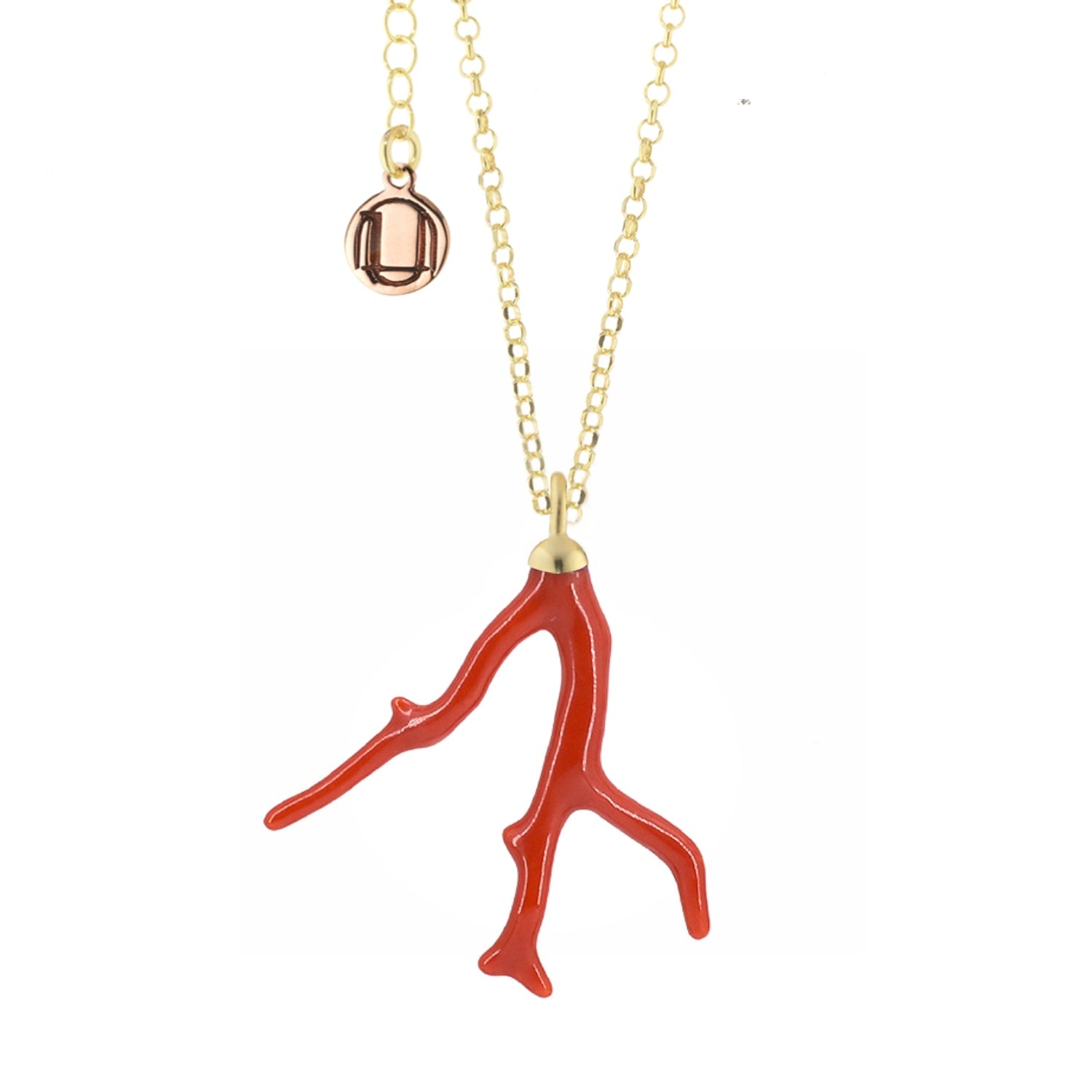 Natural Red Coral Branch Necklace In Sterling Silver With Gold Plating Vermeil Italian Handmade Good Luck Charm