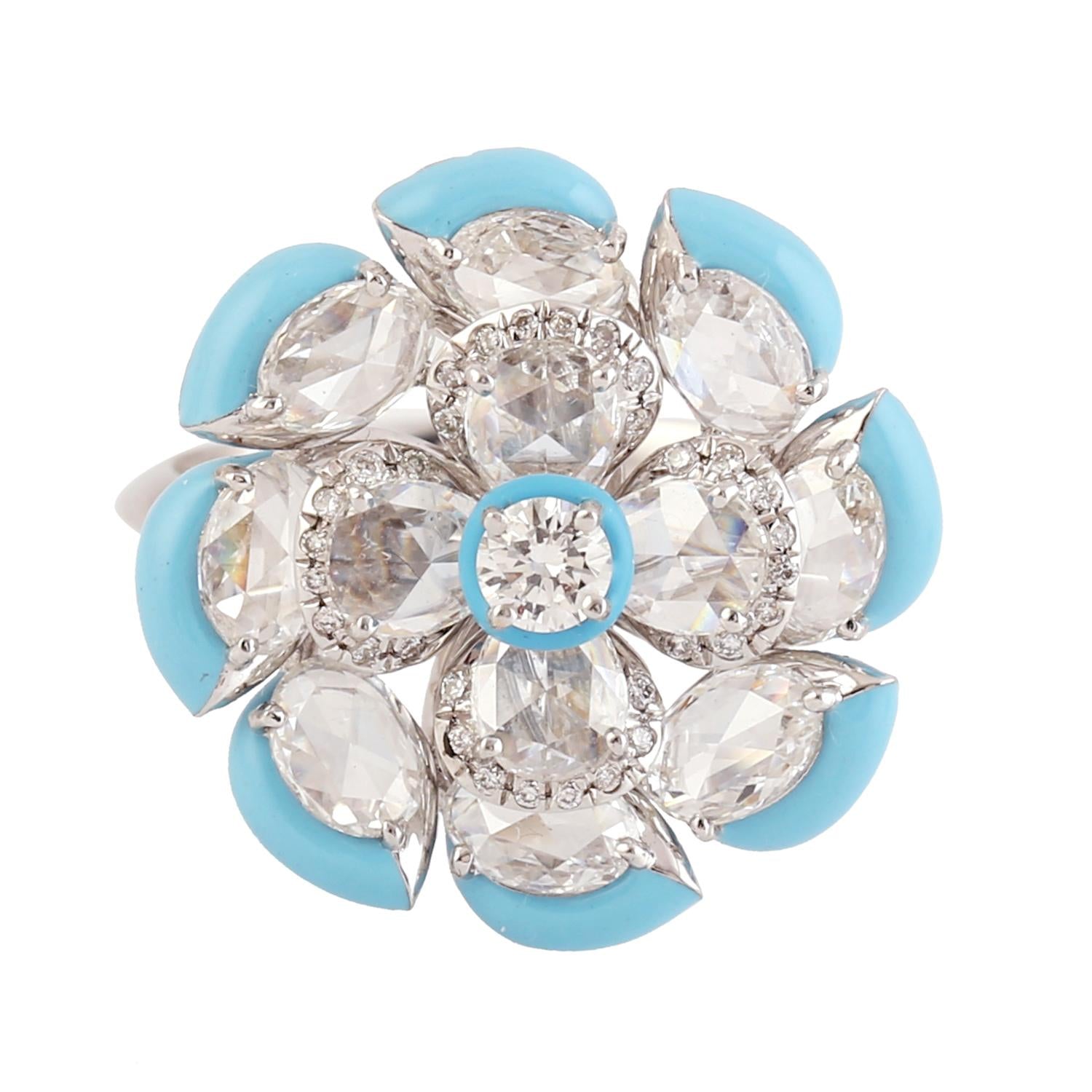 Natural Rose Cut Diamond Enamel Cocktail Ring In White Gold