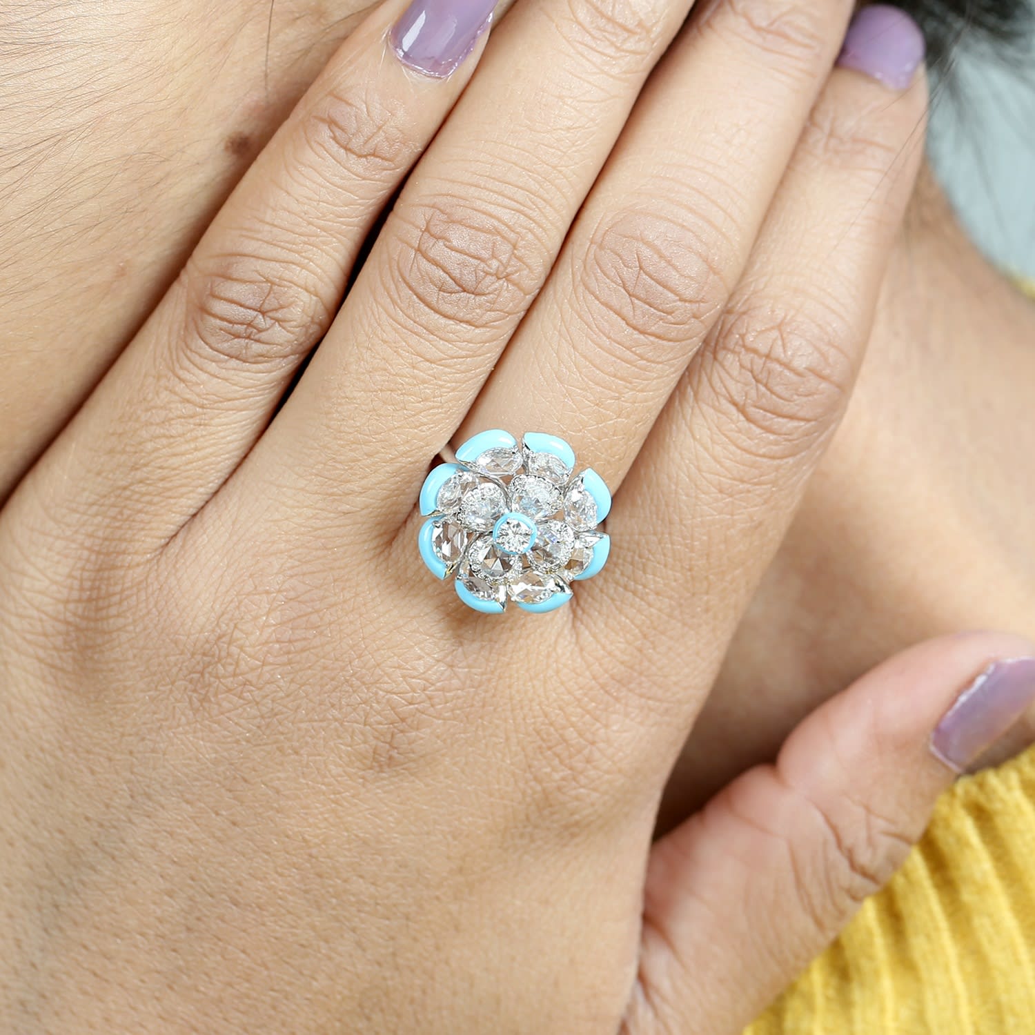 Natural Rose Cut Diamond Enamel Cocktail Ring In White Gold