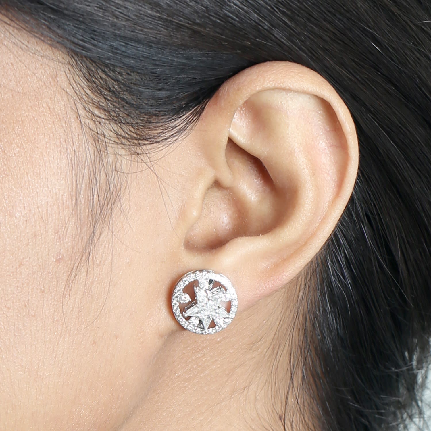 Natural Rose Cut Diamond Star Stud Earrings In 18K White Gold