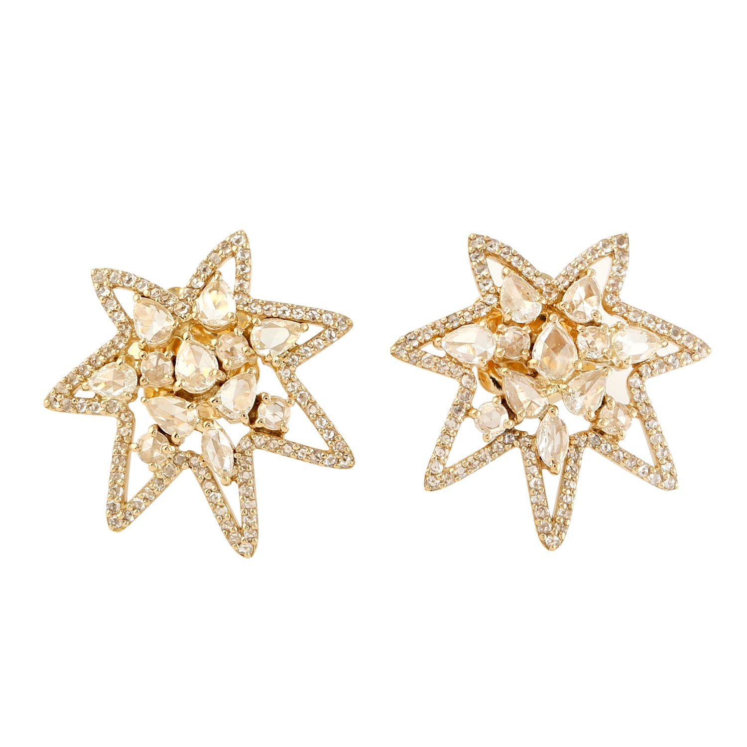 Natural Rose Cut Diamond Star Stud Earrings In 18K Yellow Gold