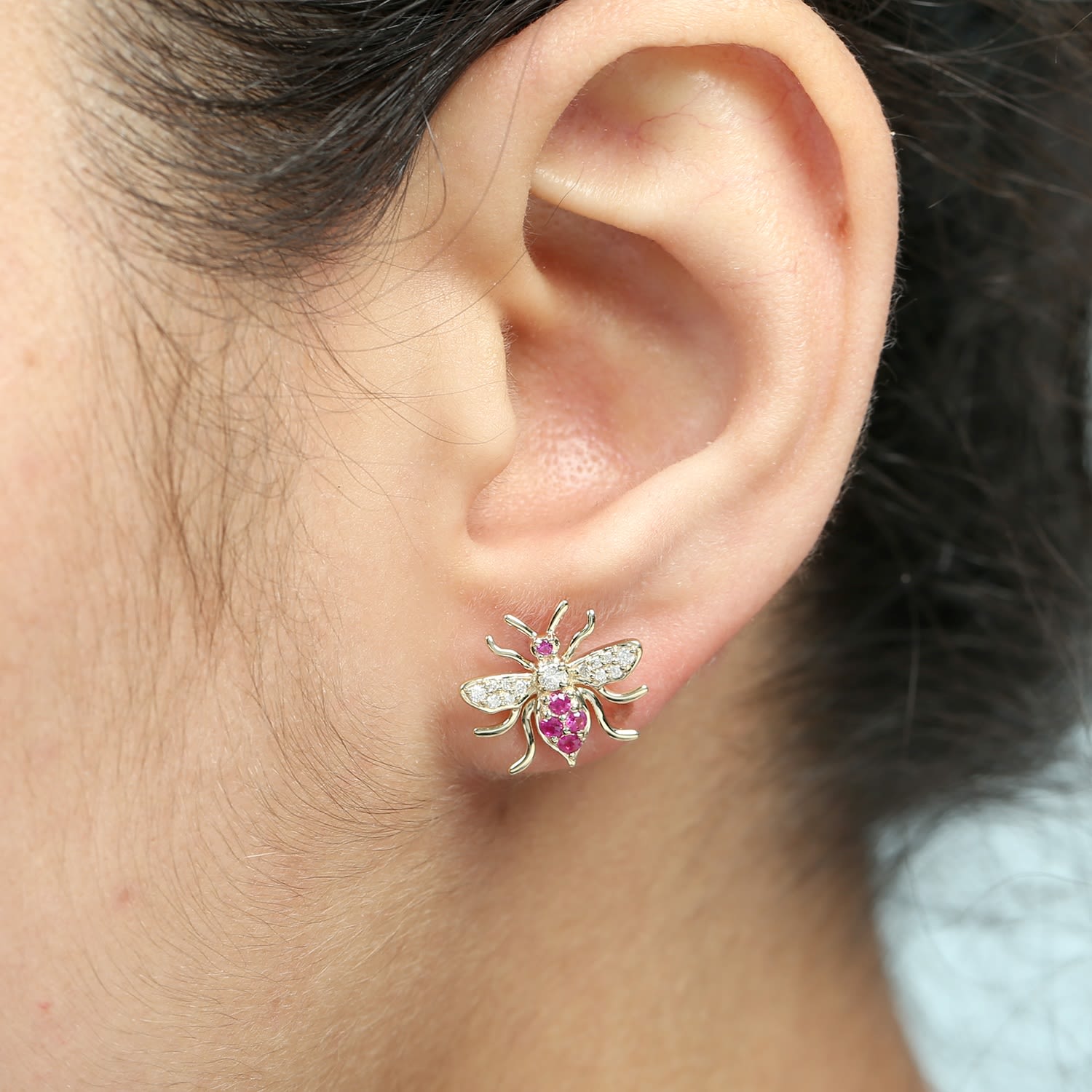 Natural Ruby & Diamond Bumble Bee Stud Earrings In Gold