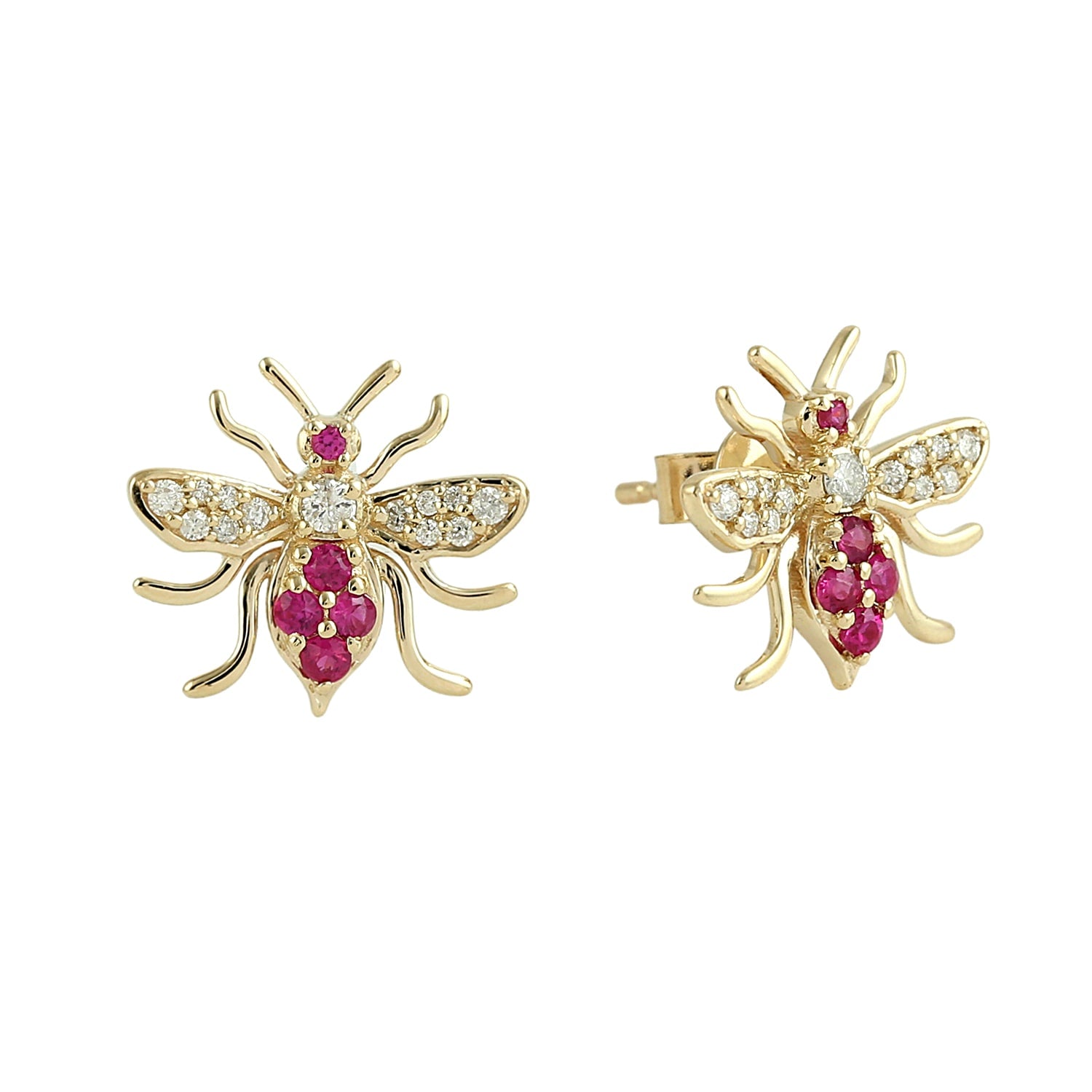 Natural Ruby & Diamond Bumble Bee Stud Earrings In Gold