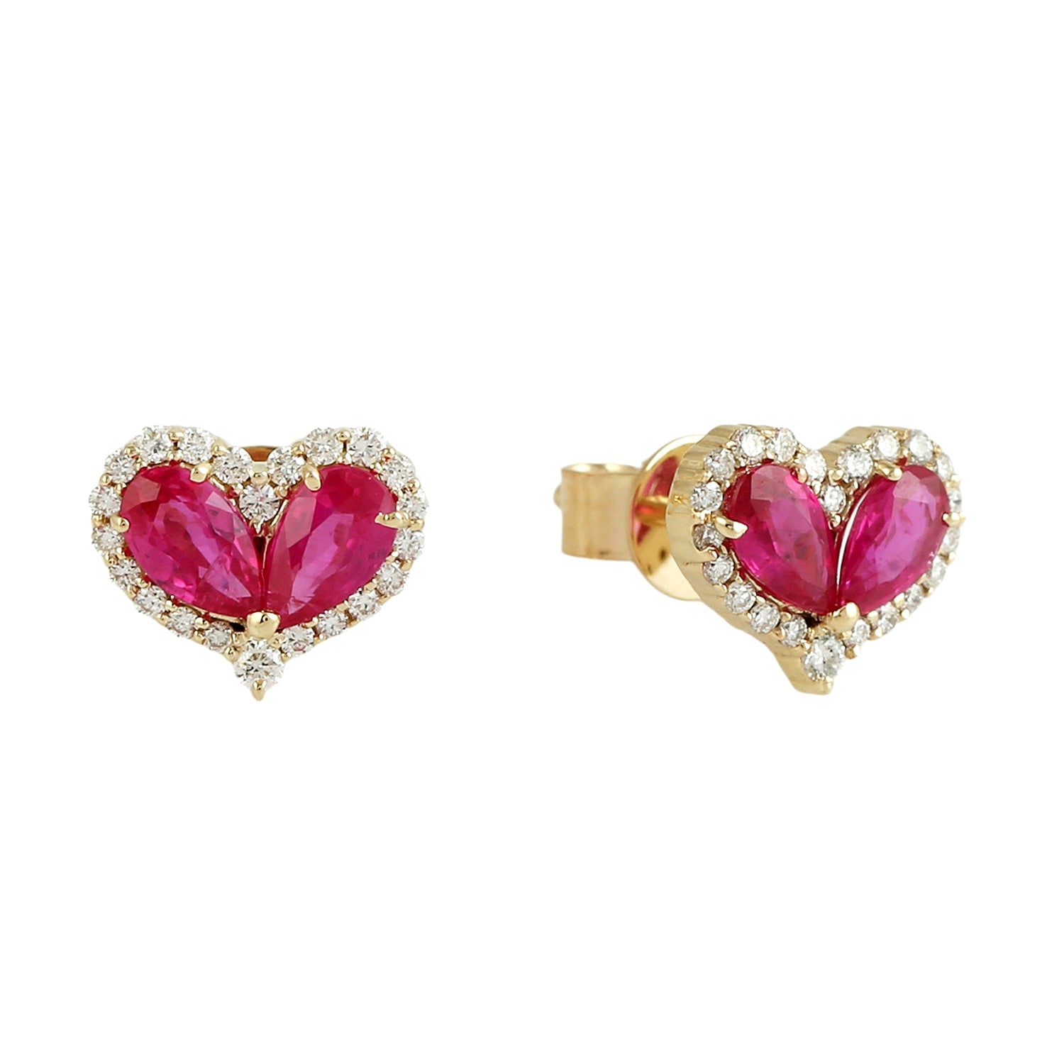 Natural Ruby & Diamond Heart Stud Earrings In Yellow Gold – Romantic Fine Jewelry Gift