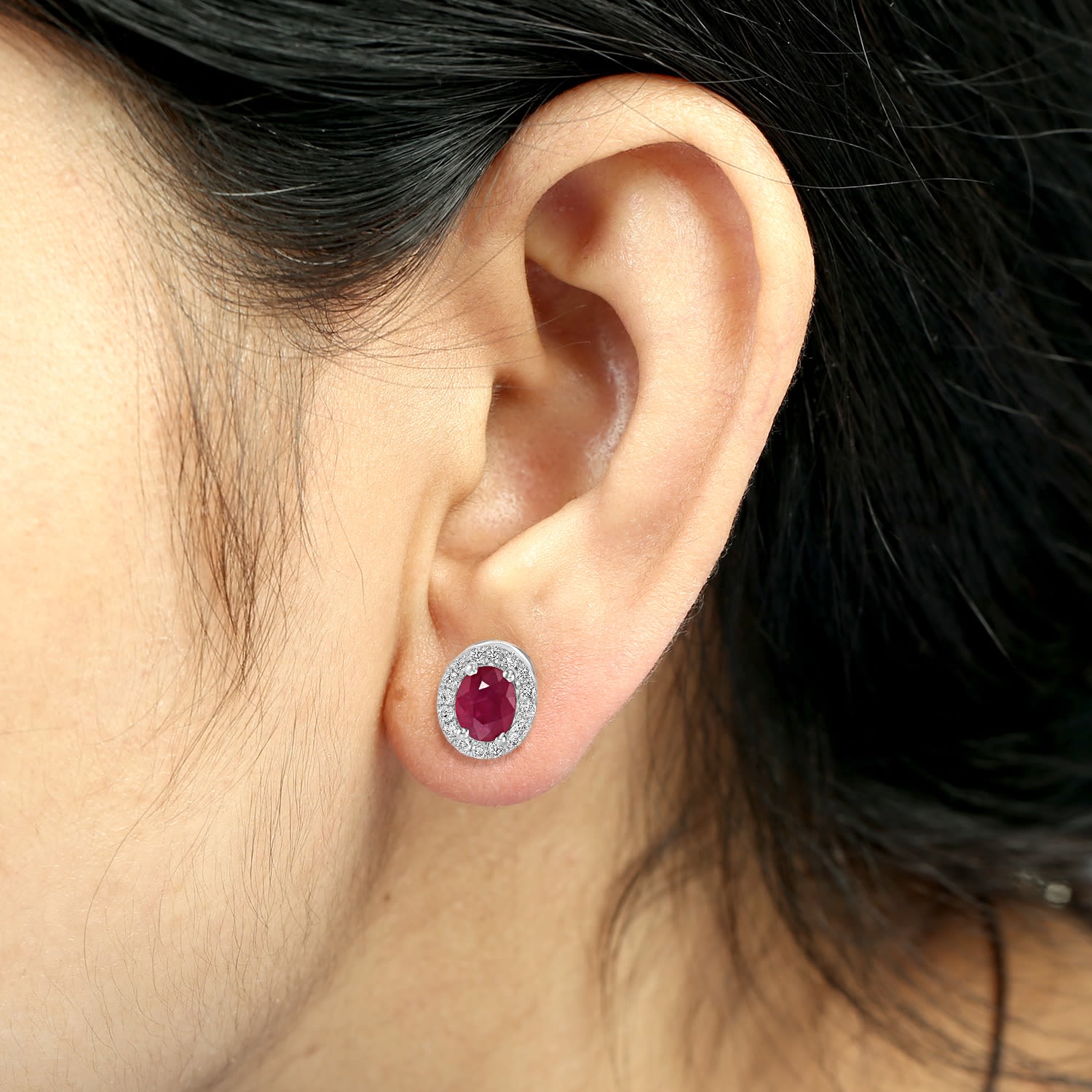 Natural Ruby & Diamond Oval Stud Earrings In White Gold