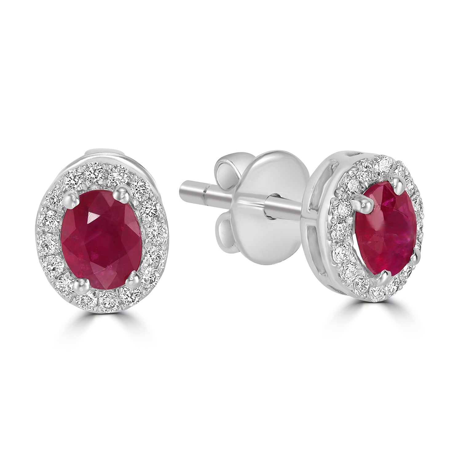 Natural Ruby & Diamond Oval Stud Earrings In White Gold