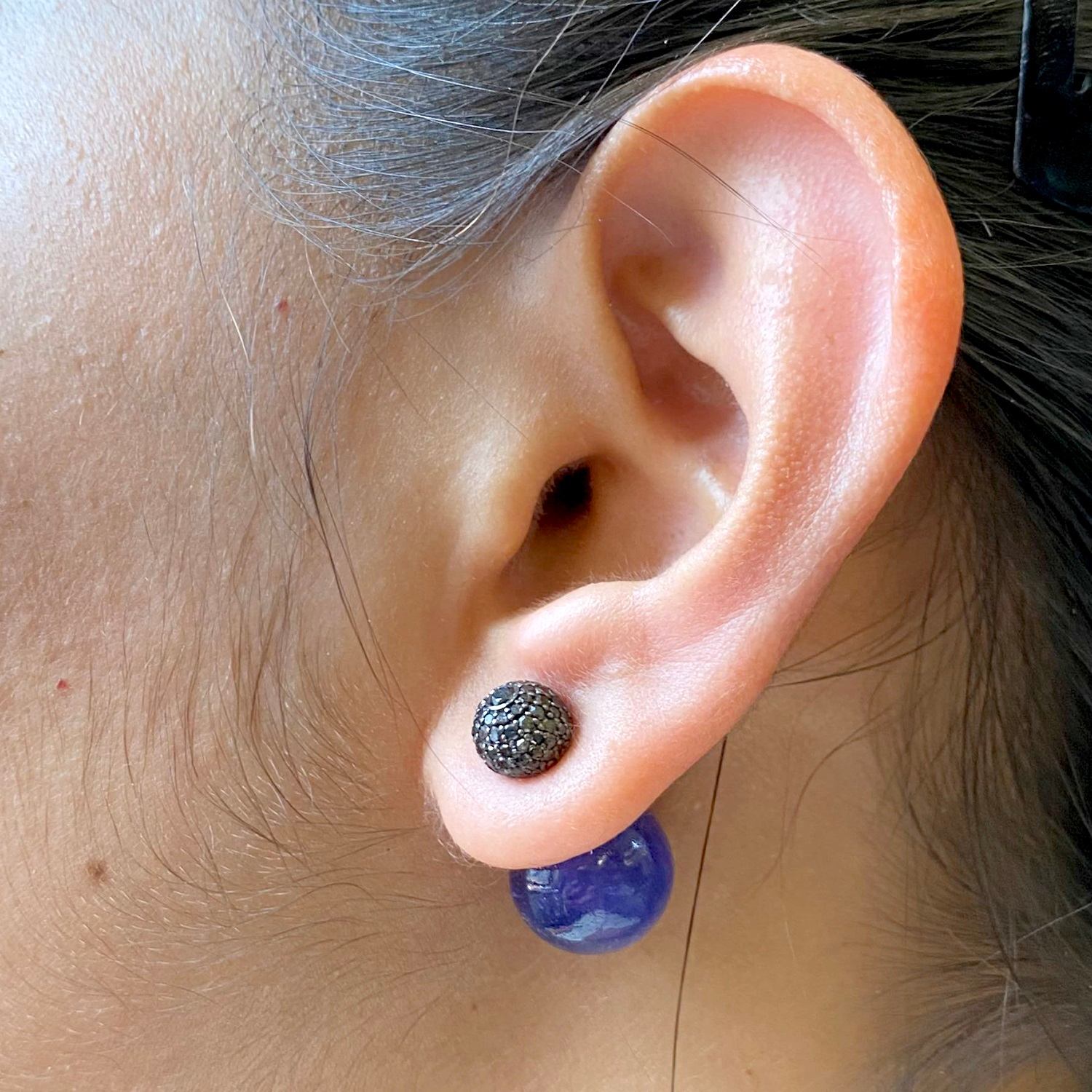 Natural Tanzanite & Black Diamond Tunnel Earrings In Gold