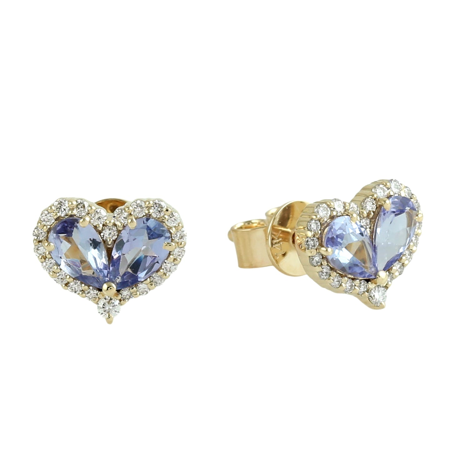 Natural Tanzanite & Diamond Heart Stud Earrings In Yellow Gold