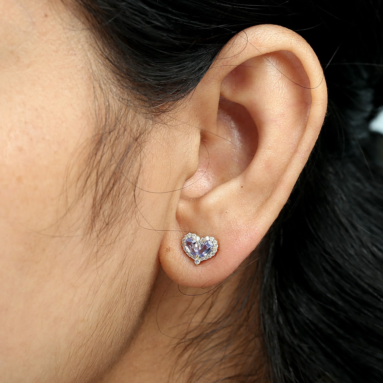 Natural Tanzanite & Diamond Heart Stud Earrings In Yellow Gold