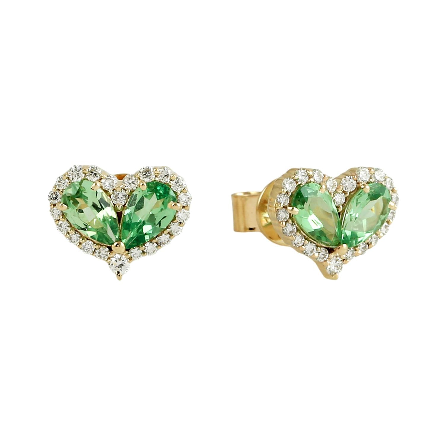 Natural Tsavorite & Diamond Heart Stud Earrings In Yellow Gold