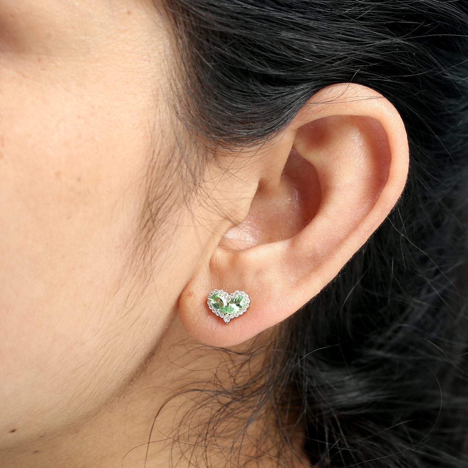 Natural Tsavorite & Diamond Heart Stud Earrings In Yellow Gold