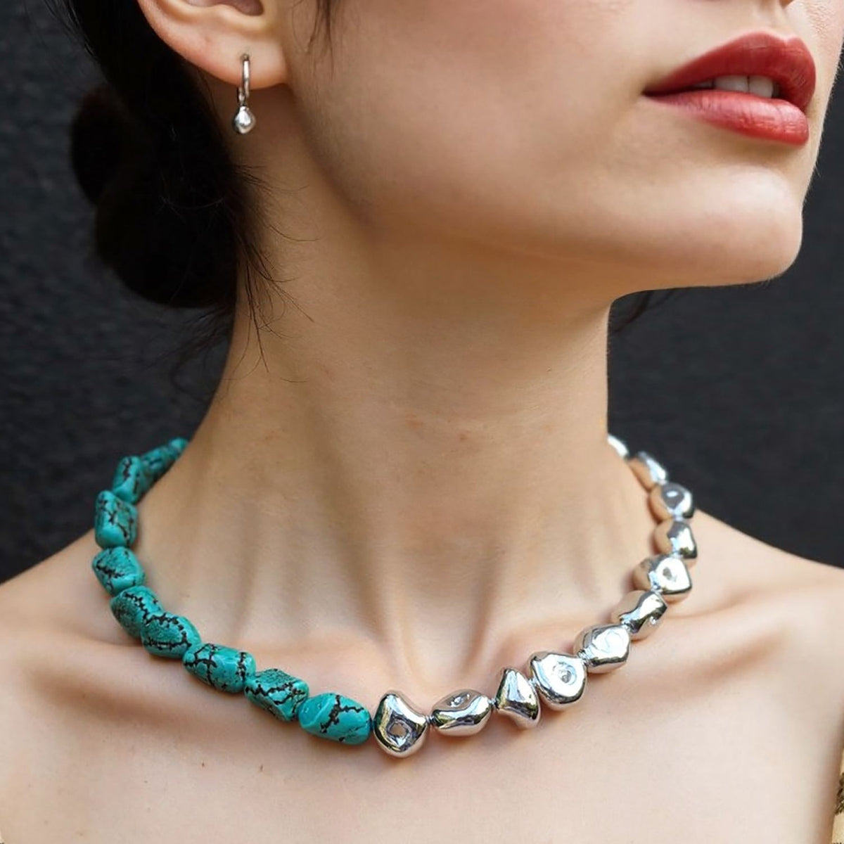 Natural Turquoise And Sterling Silver Nugget Duo Statement Necklace