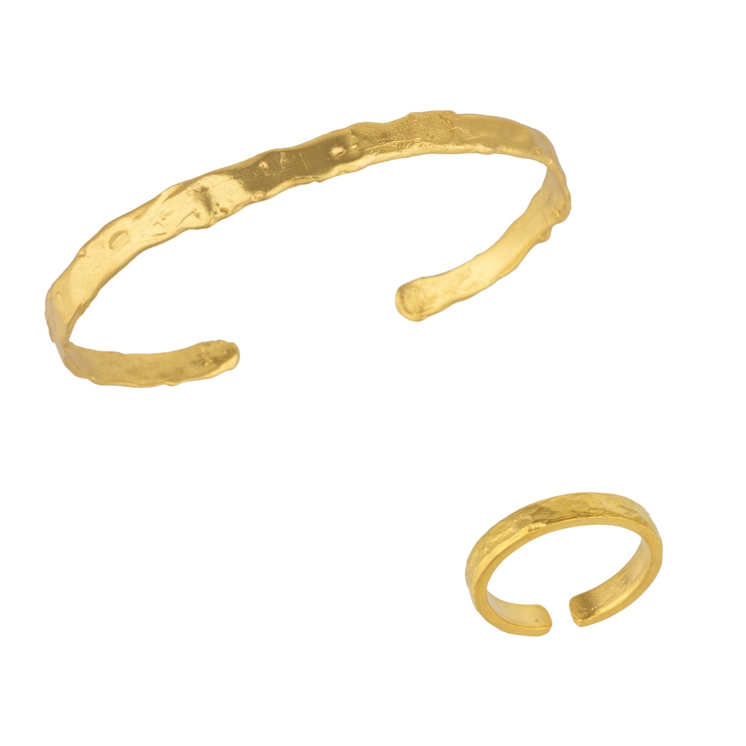 Naturally Textured Thin Cuff Bangle & Textured Hammered Ring Set In Gold
