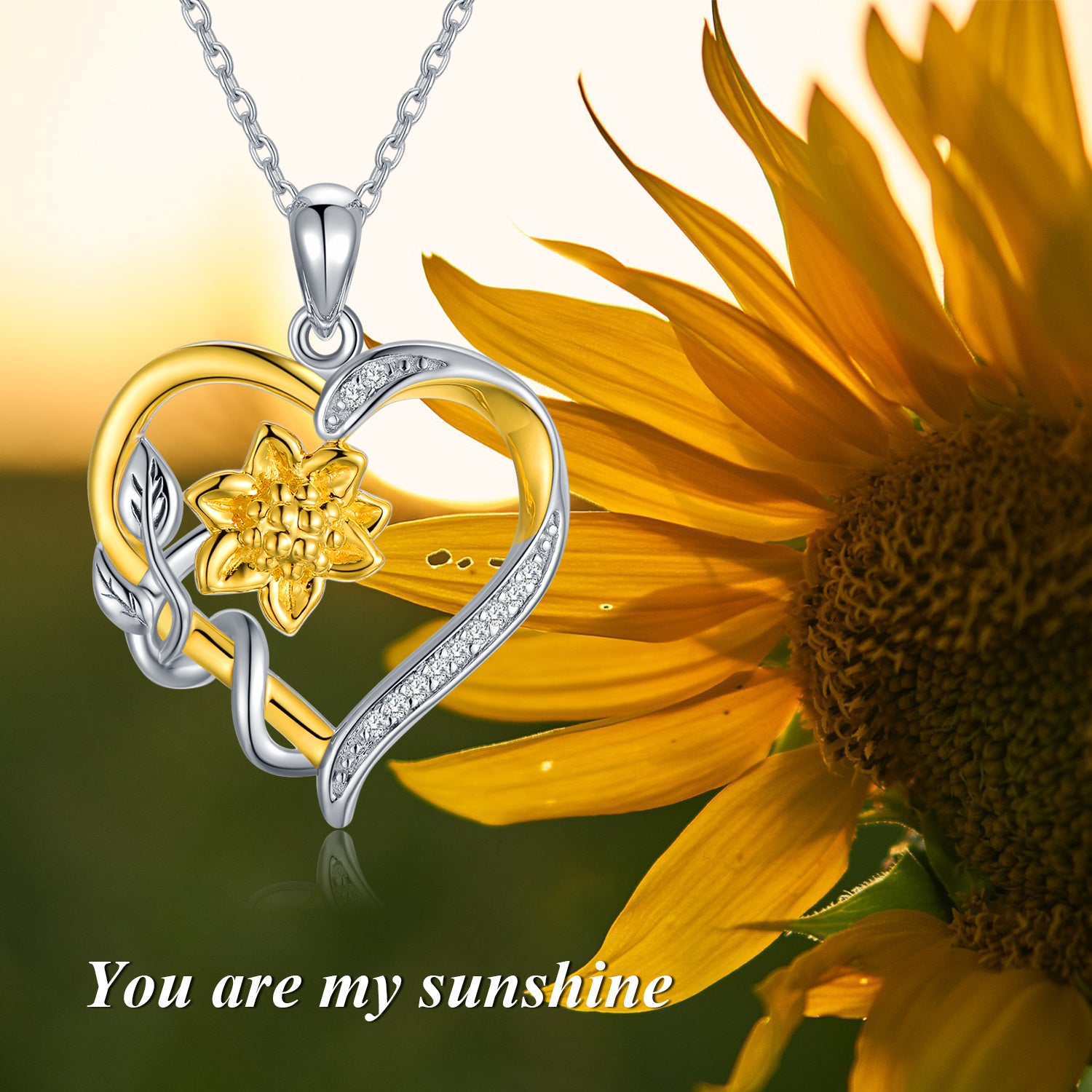 Sterling Silver Two-tone Diamond Sunflower & Heart Pendant Necklace