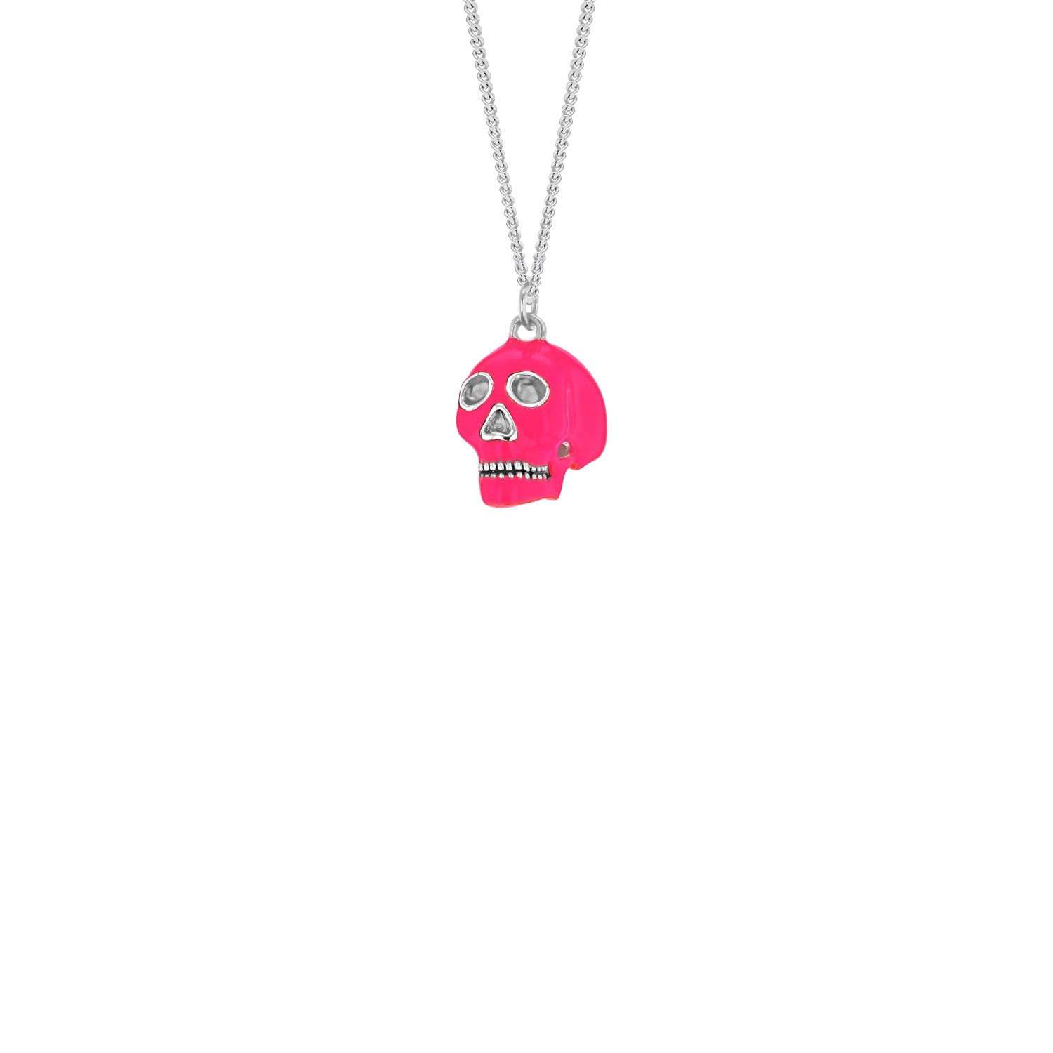 Neon Pink & Sterling Silver Mini Skull Pendant Hung On Silver Fine Chain