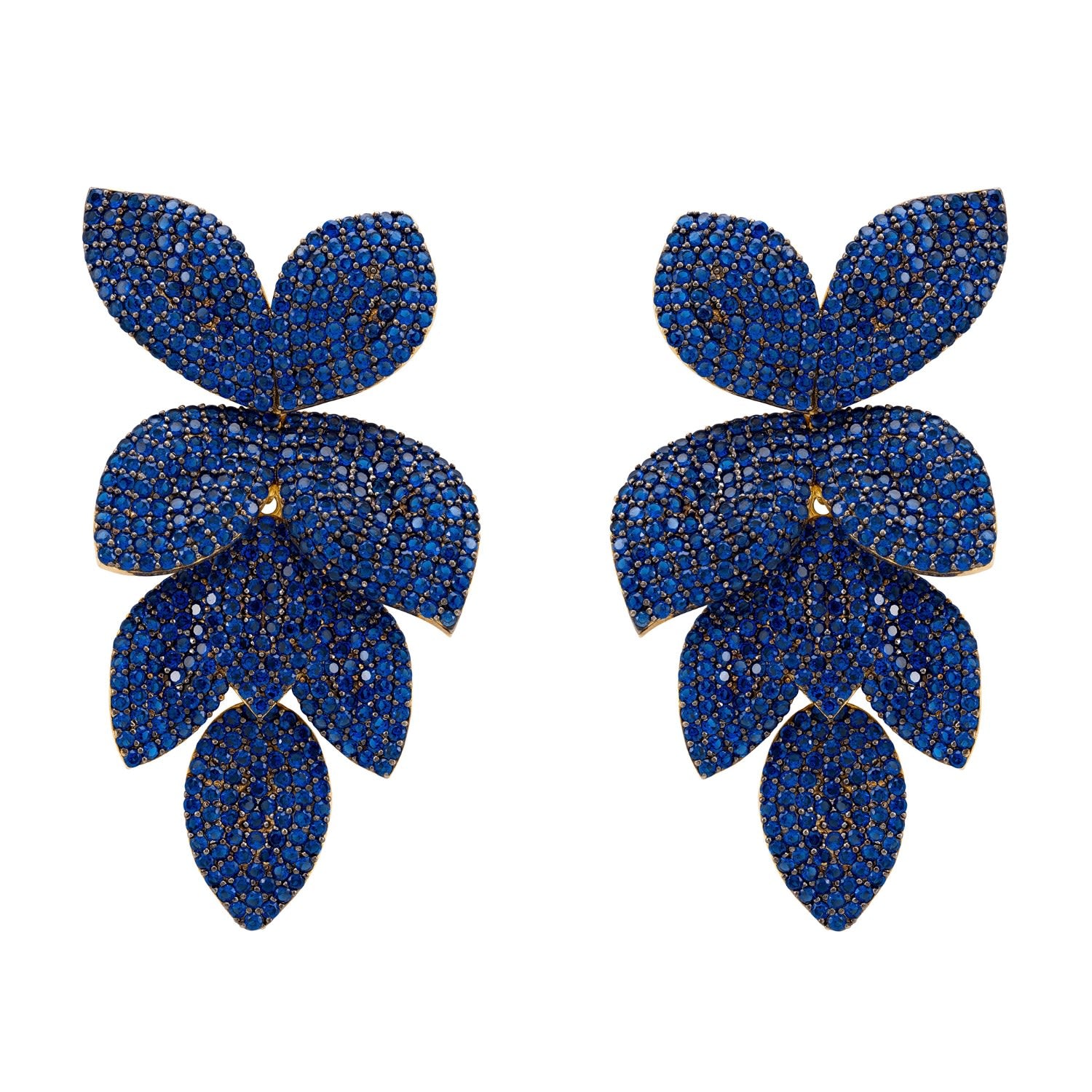 Petal Cascading Flower Earrings Gold Sapphire Cz