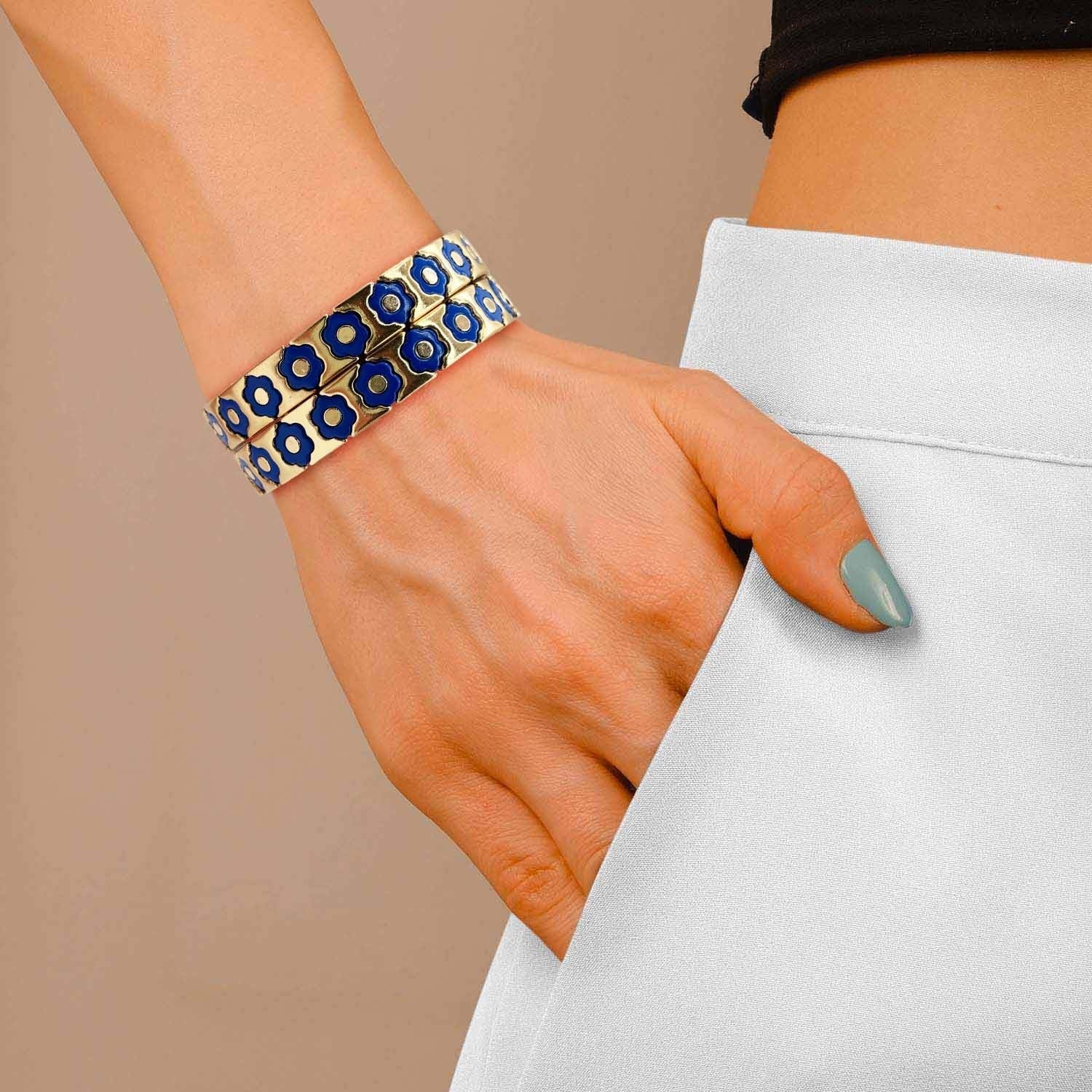 Navy And Gold Enamel Two-Strand Elasticized Bracelets