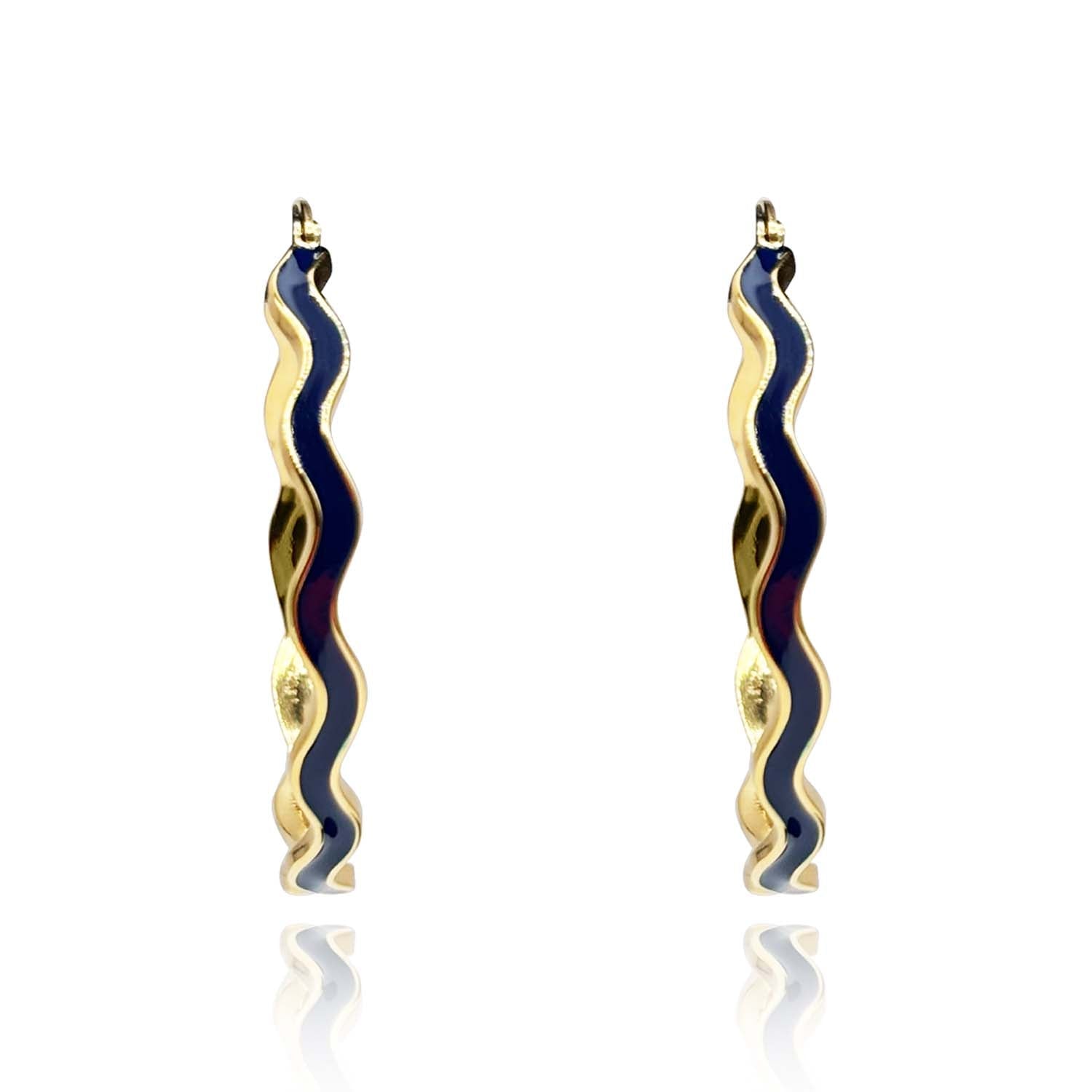 Navy Enamel And Gold Wavy Hoop Earrings
