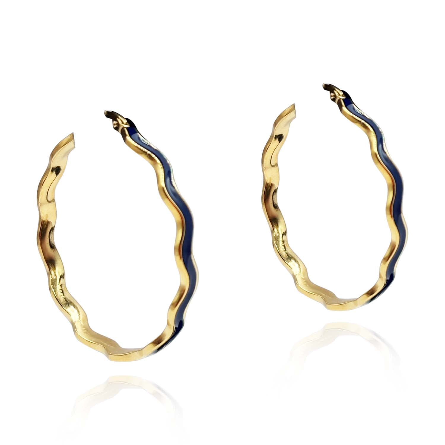 Navy Enamel And Gold Wavy Hoop Earrings