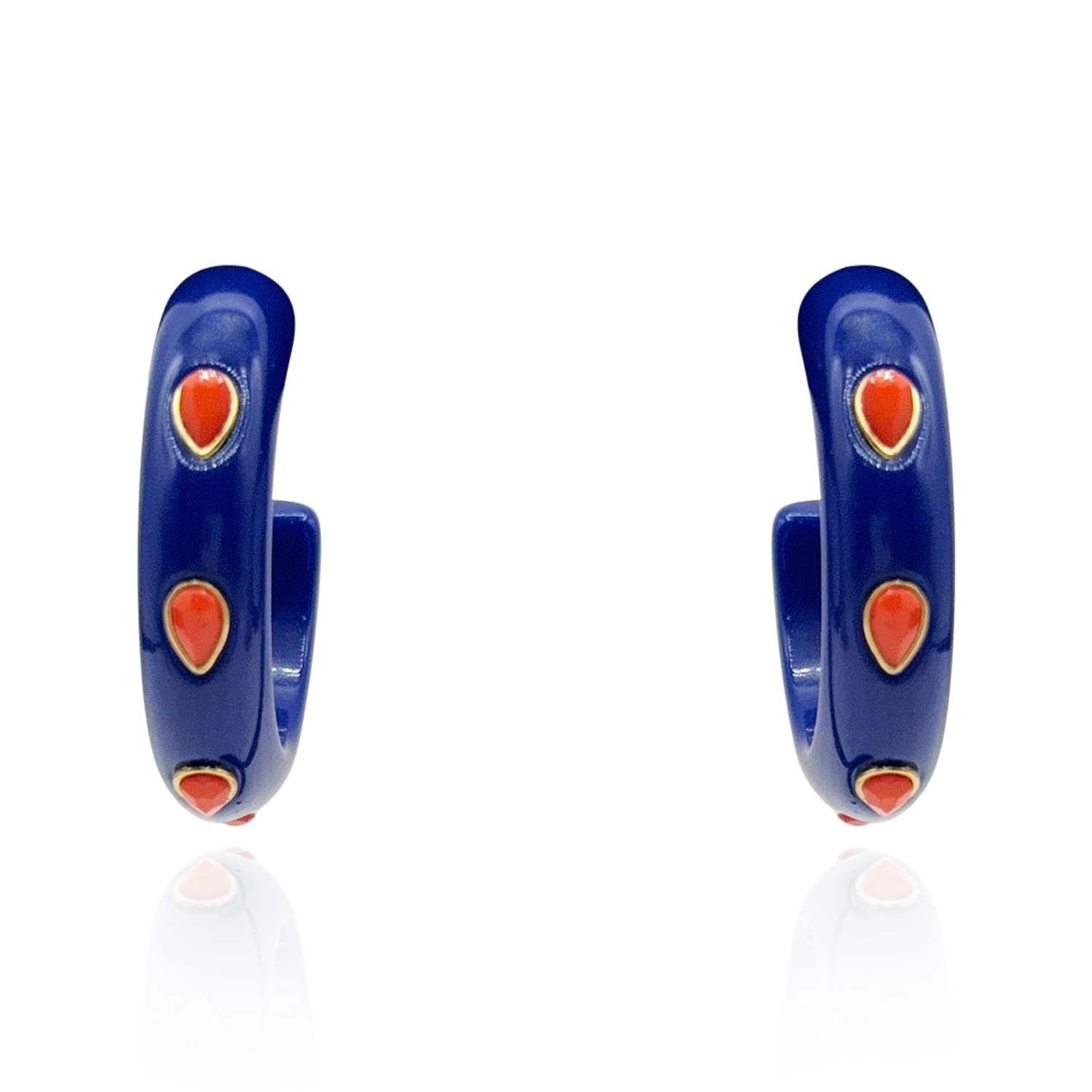 Navy Resin Hoop Earrings With Faceted Coral Glass Pear Stones