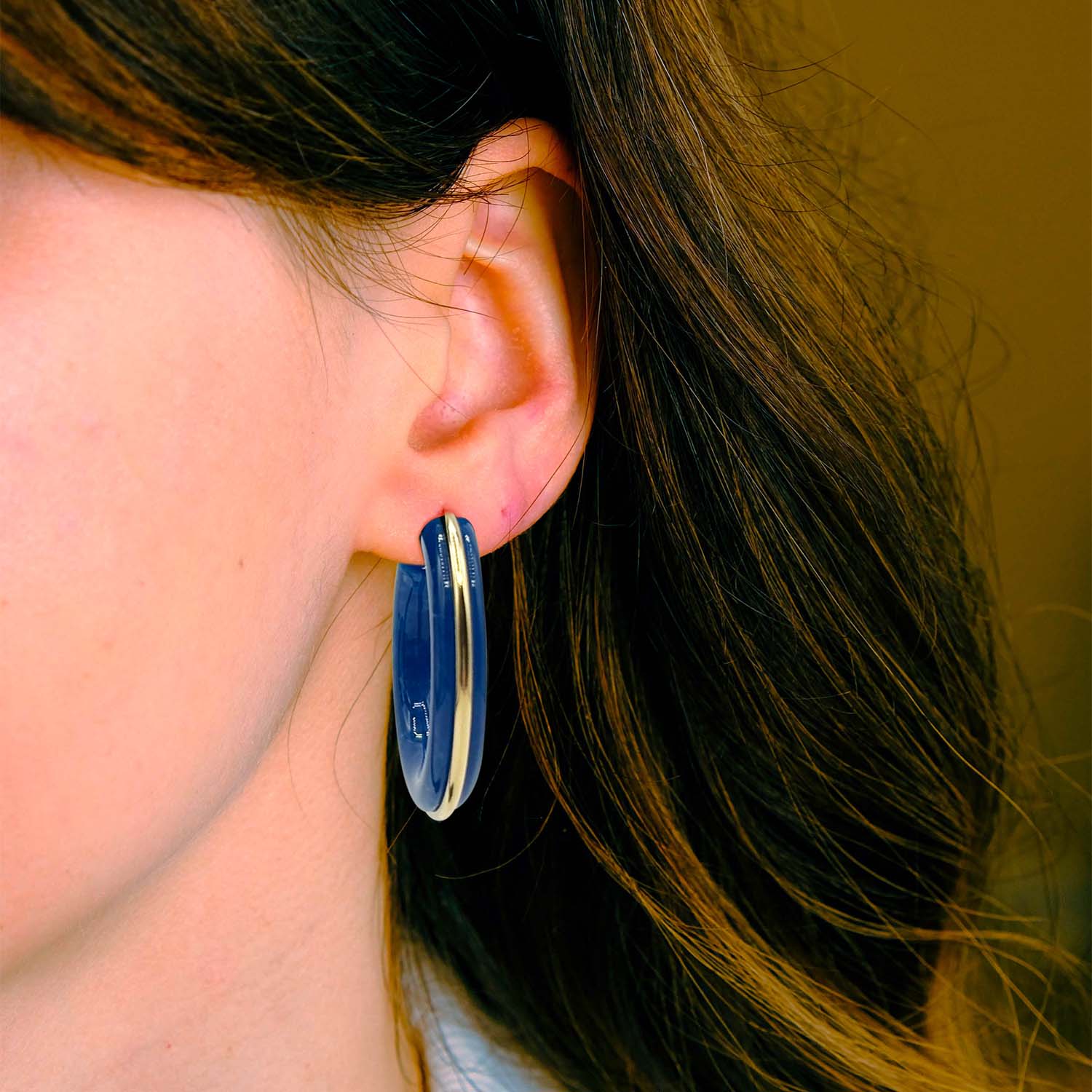 Navy Resin Hoop Earrings With Gold Stripe